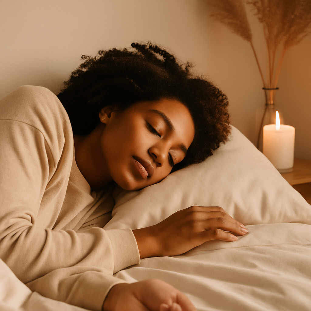 A young African American woman wrapped in a towel sits peacefully in a sunlit room, holding a warm cup of tea. The scene evokes a sense of calm, self-compassion, and gentle rest—capturing the essence of giving yourself grace.