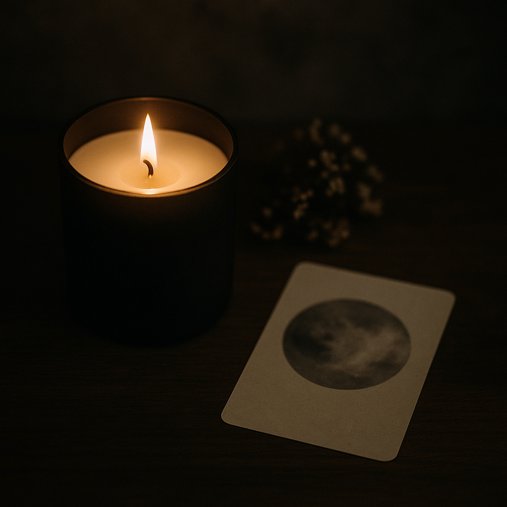 A lit candle in a dark glass container glows warmly beside an oracle card featuring a moon illustration. The items rest on a dark wooden surface with soft, blurred dried flowers in the background, creating a moody and calming atmosphere.