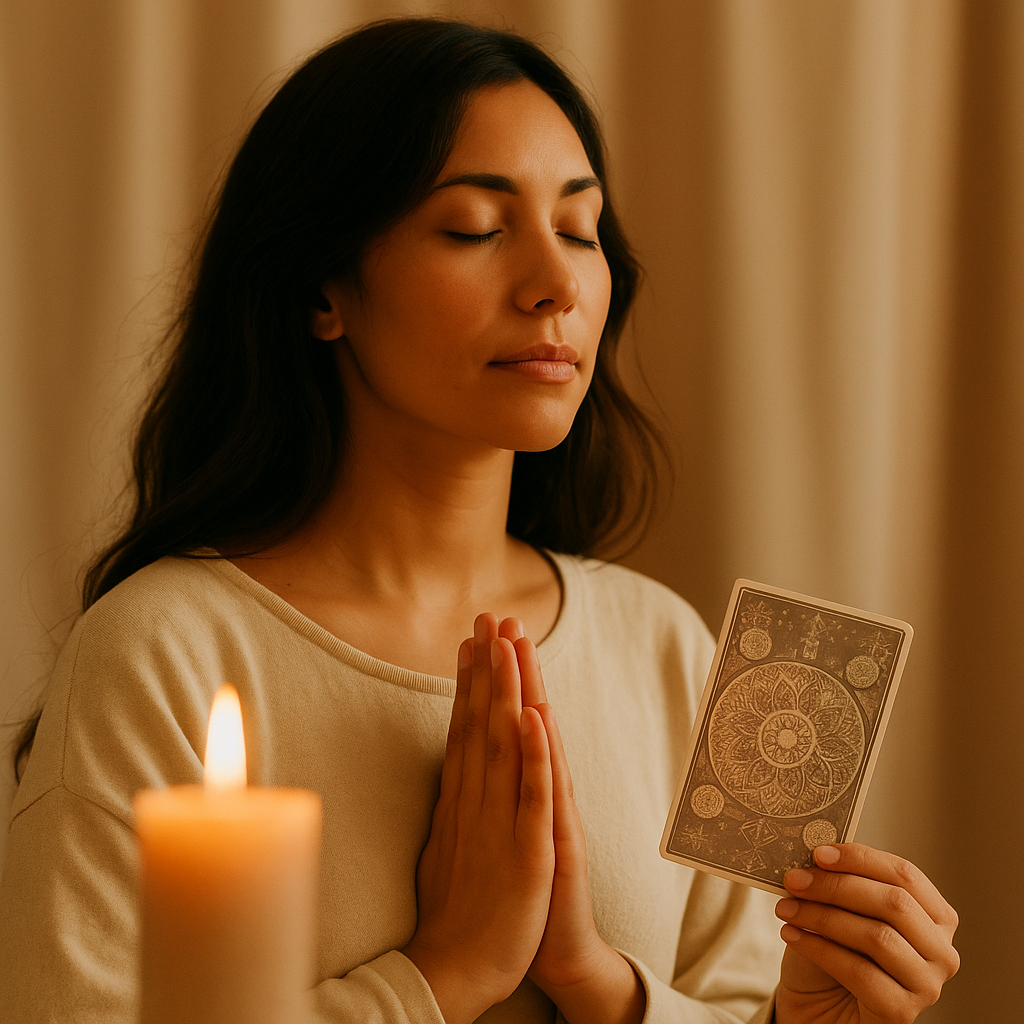 A serene scene of a woman meditating indoors by candlelight, eyes closed and hands resting on her lap, surrounded by soft light and calming energy — capturing a moment of inward stillness and flow.