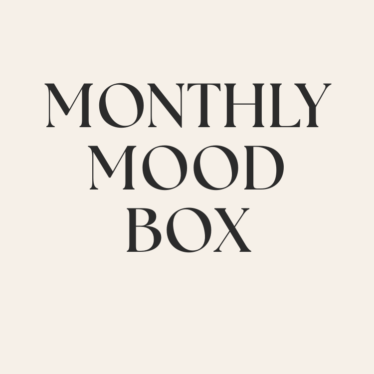 monthly mood box subscription with bold lettering on cream background