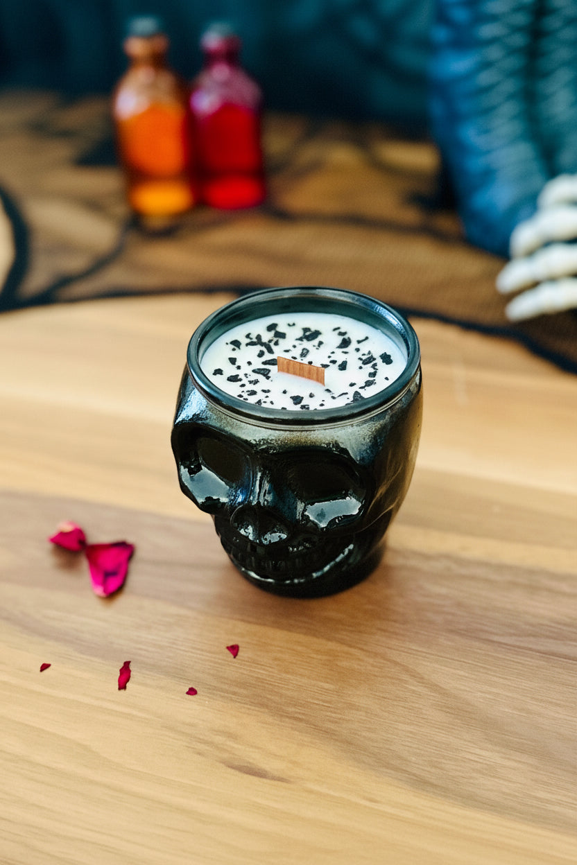 BellaVee Midnight Smoke black skull candle obsidian crystal close up non-toxic coconut wax Austin Texas