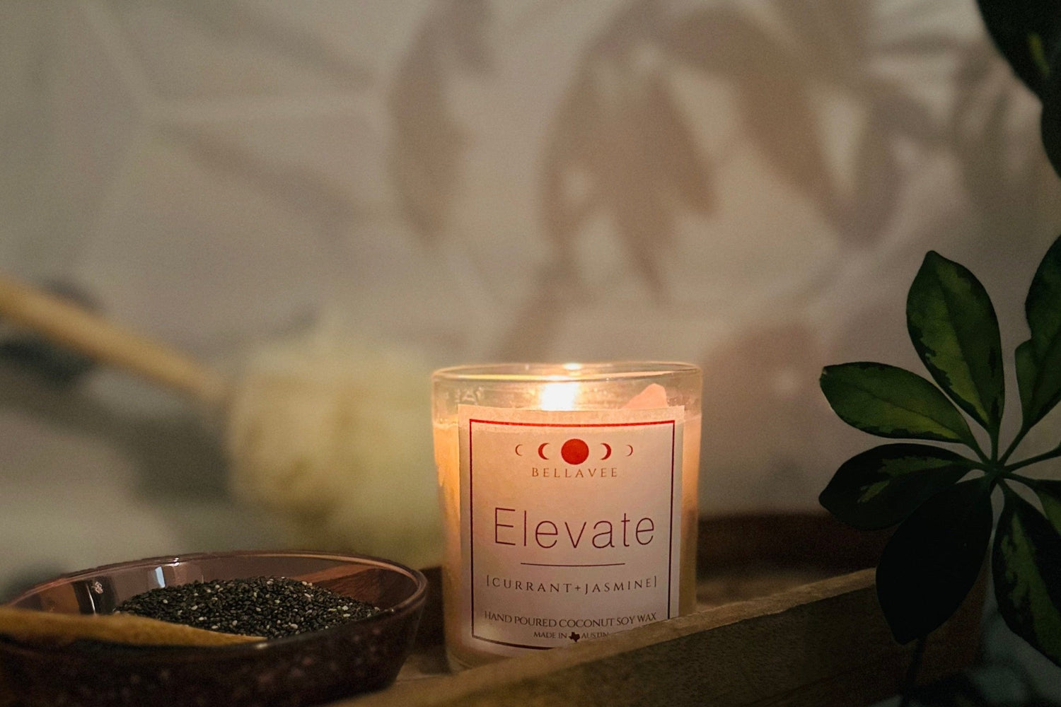 amethyst-infused elevate crystal candle, black currant, jasmine, and amber aroma, perfect for stress relief and tranquility