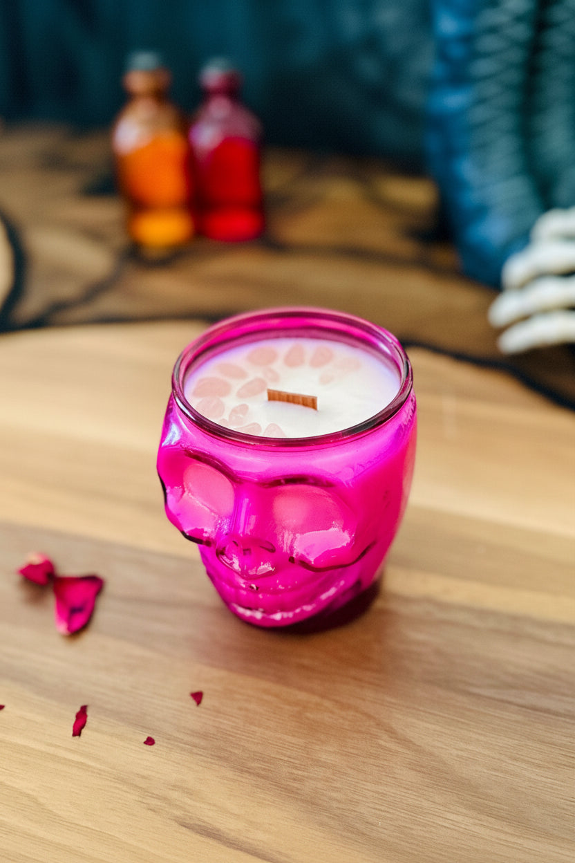 BellaVee Witches Kiss pink skull candle top view rose quartz Halloween candle Austin Texas