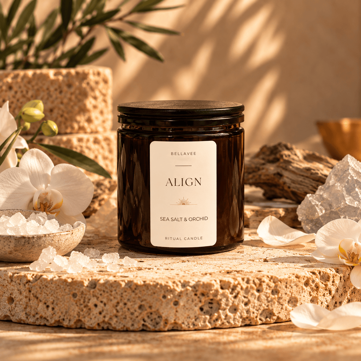 ALIGN Clear Quartz crystal ritual candle in amber glass with wooden lid – Sea Salt & Orchid