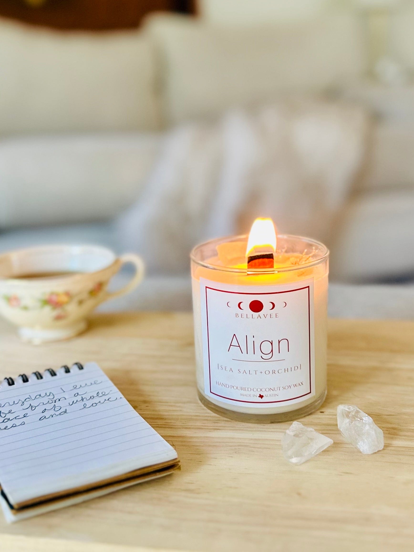 Lit Align Clear Quartz Candle with notepad, affirmations and tea