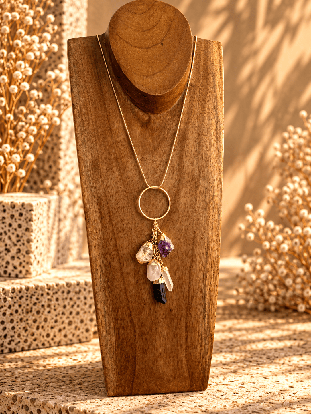 Power of Five crystal drop necklace with Rose Quartz, Clear Quartz, Amethyst, Black Tourmaline and Citrine