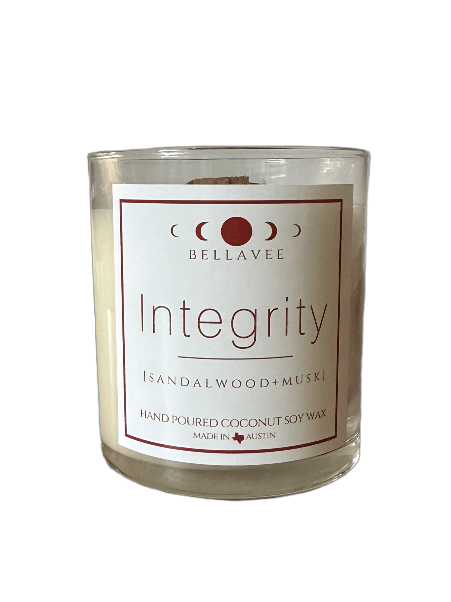 Integrity Hematite Candle with sea salt and sandalwood scent, featuring a wooden wick, dried flowers, and a removable Hematite crystal