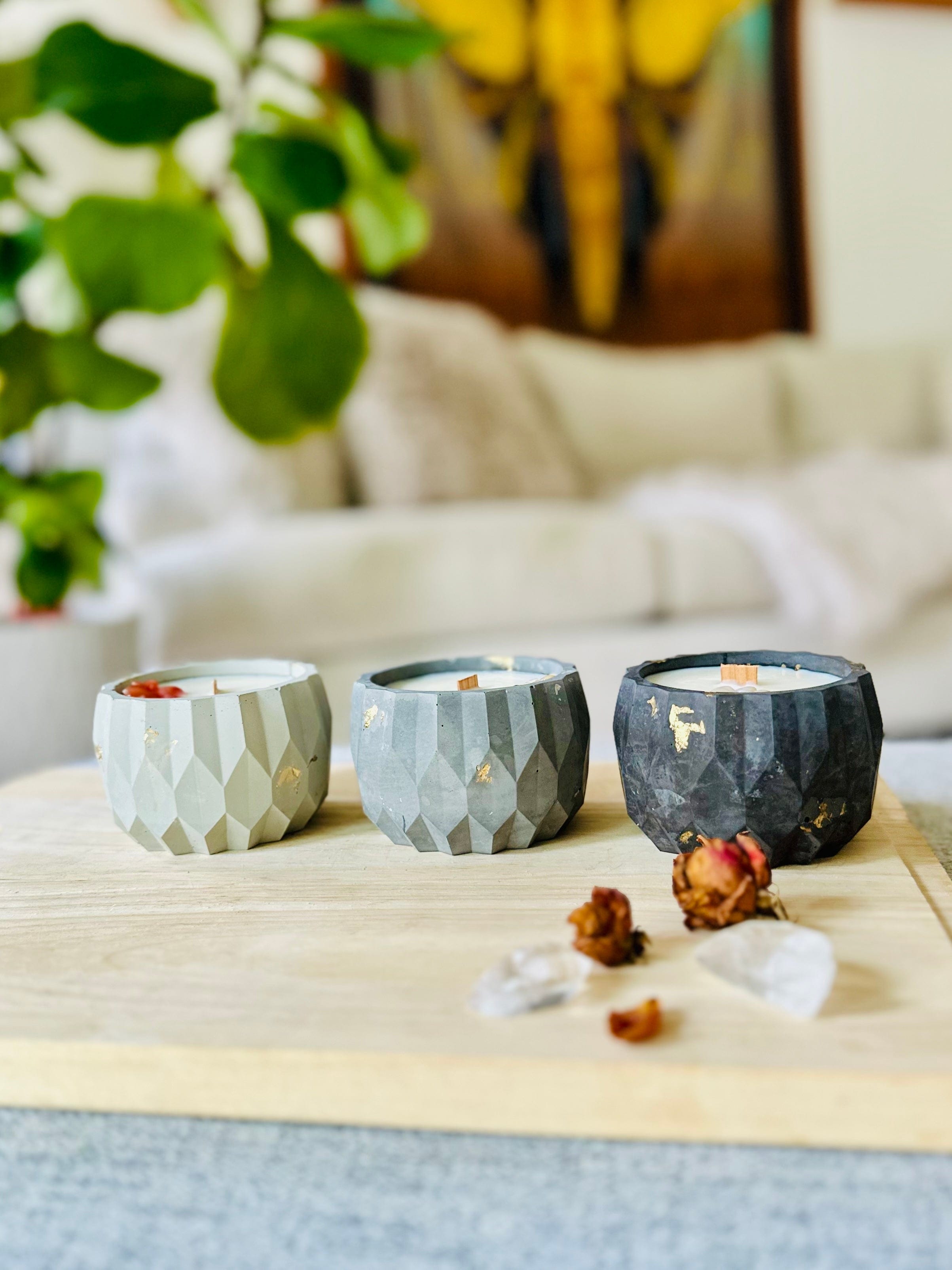Trio of colors with coconut reusable candles with crystals and dried flowers around