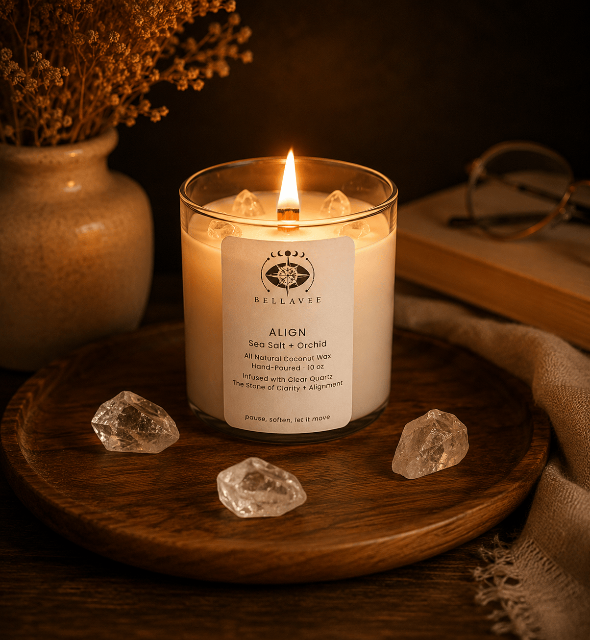 BellaVee Align crystal candle lit clear quartz stone of clarity sea salt orchid non-toxic coconut wax Austin Texas