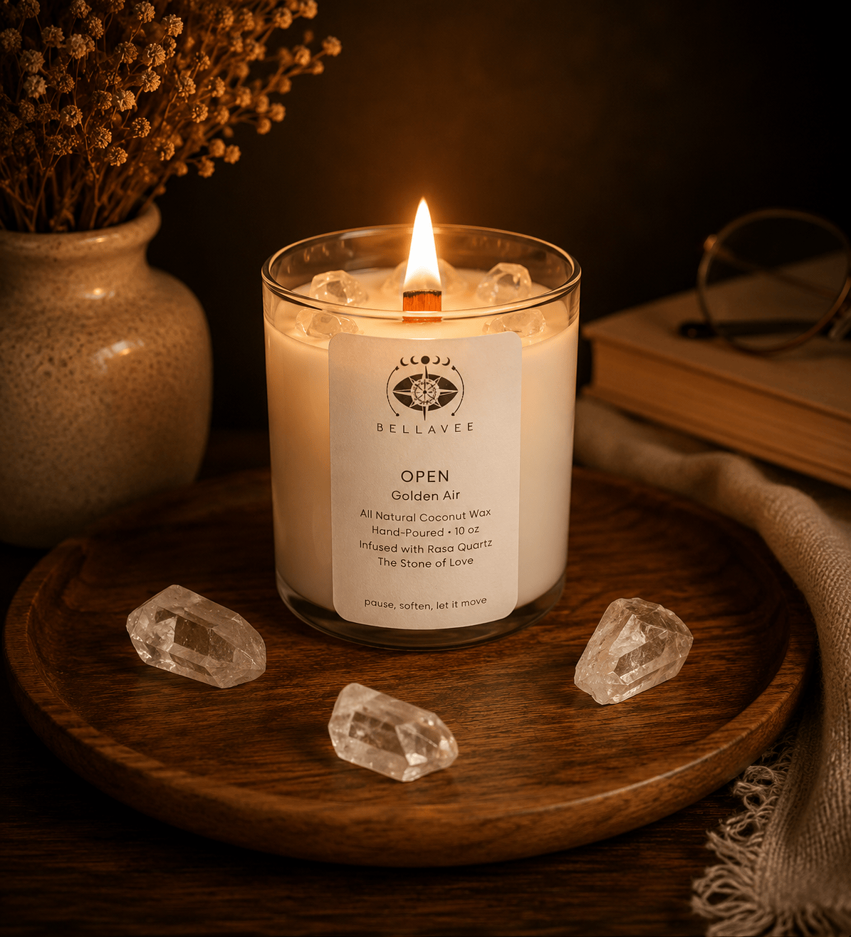BellaVee Open crystal candle lit rose quartz stone of love white tea palo santo non-toxic coconut wax Austin Texas