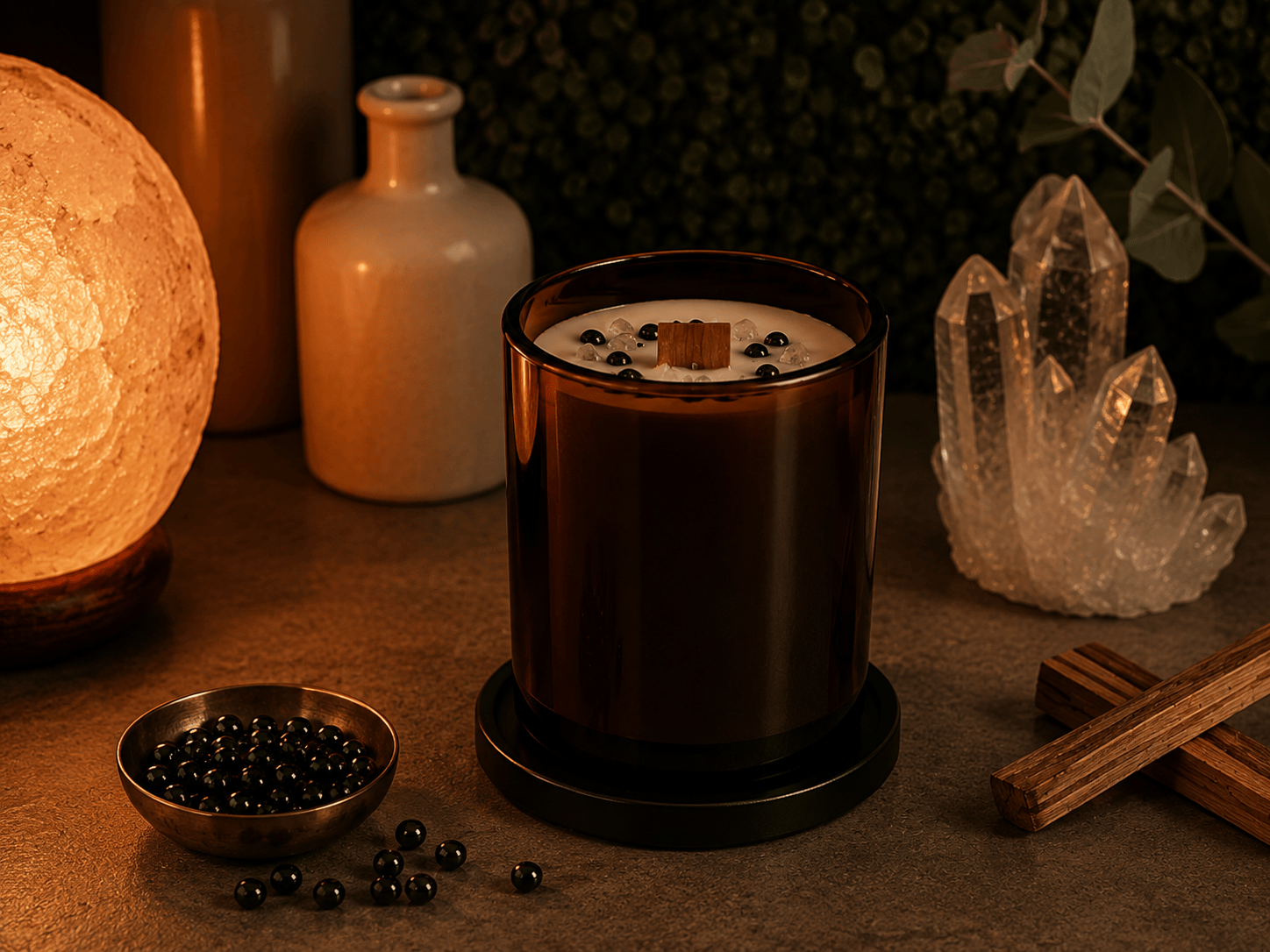 Amber coconut wax crystal candle with wooden wick, crystals and warm ritual decor by BellaVee in Austin, Texas.