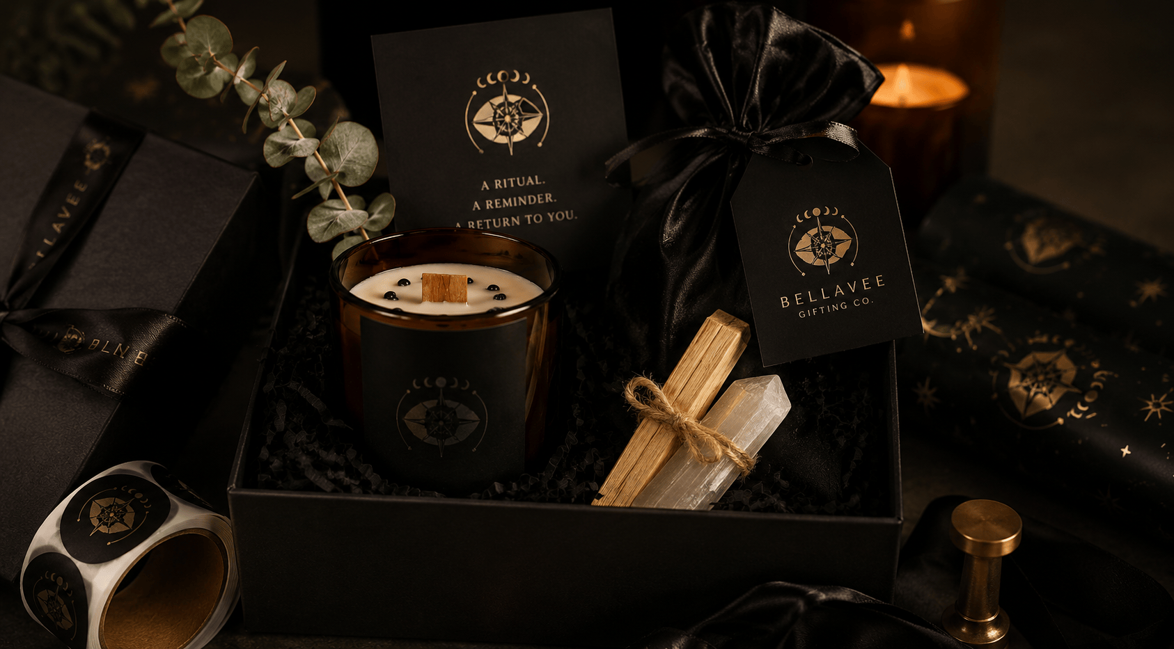 Amber crystal candle gift set with wooden wick, crystals and black ritual packaging by BellaVee Gifting Co.