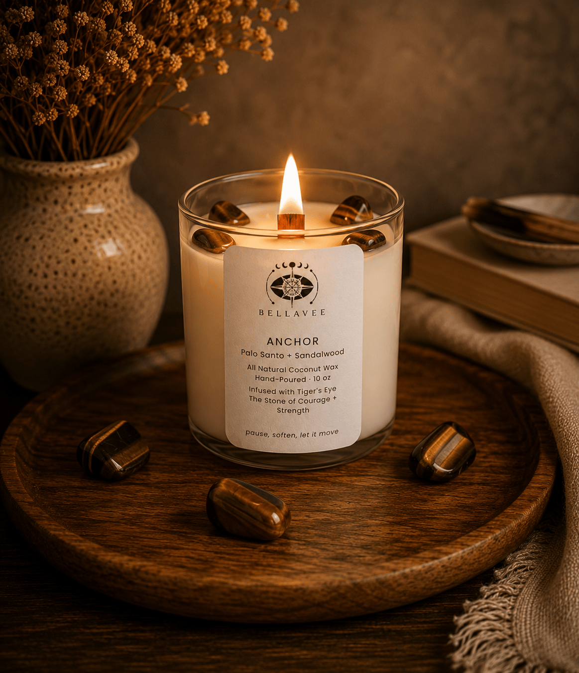 BellaVee Anchor crystal candle lit tigers eye stone of courage palo santo sandalwood non-toxic coconut wax Austin Texas