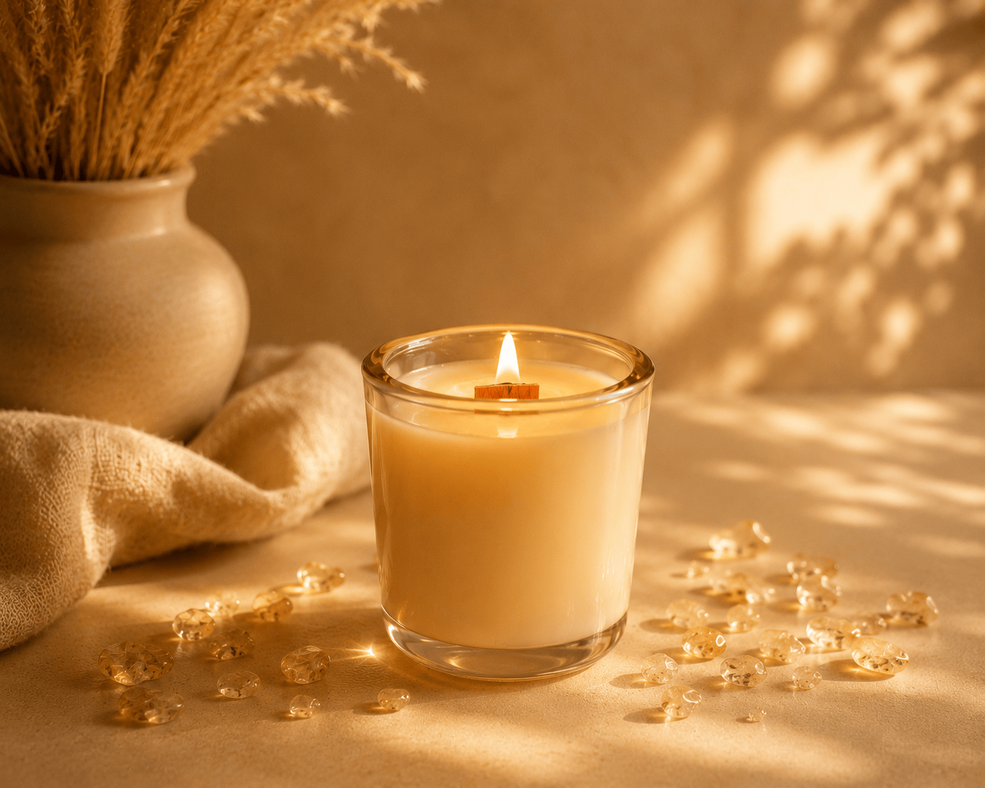 Limited edition Summer Solstice crystal candle with wooden wick and citrine handcrafted in Austin, Texas.