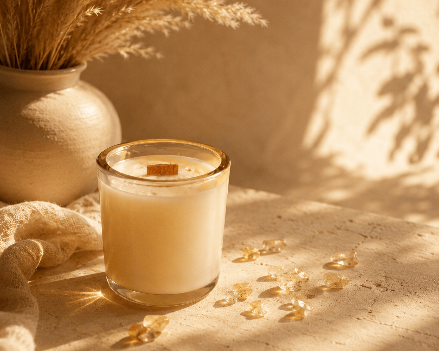 Radiant citrine crystal candle in a champagne vessel designed for summer rituals, intention setting, and self-care.