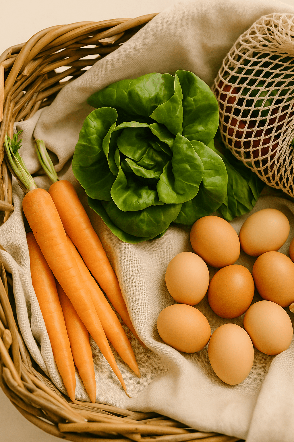 Fresh produce at a farmers market, including leafy greens, carrots, and herbs, arranged in baskets on a rustic table—capturing the essence of intentional nourishment and local abundance.