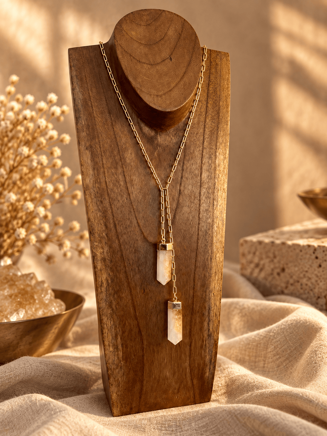 Two-stone Citrine lariat necklace with crystal point drops on gold chain