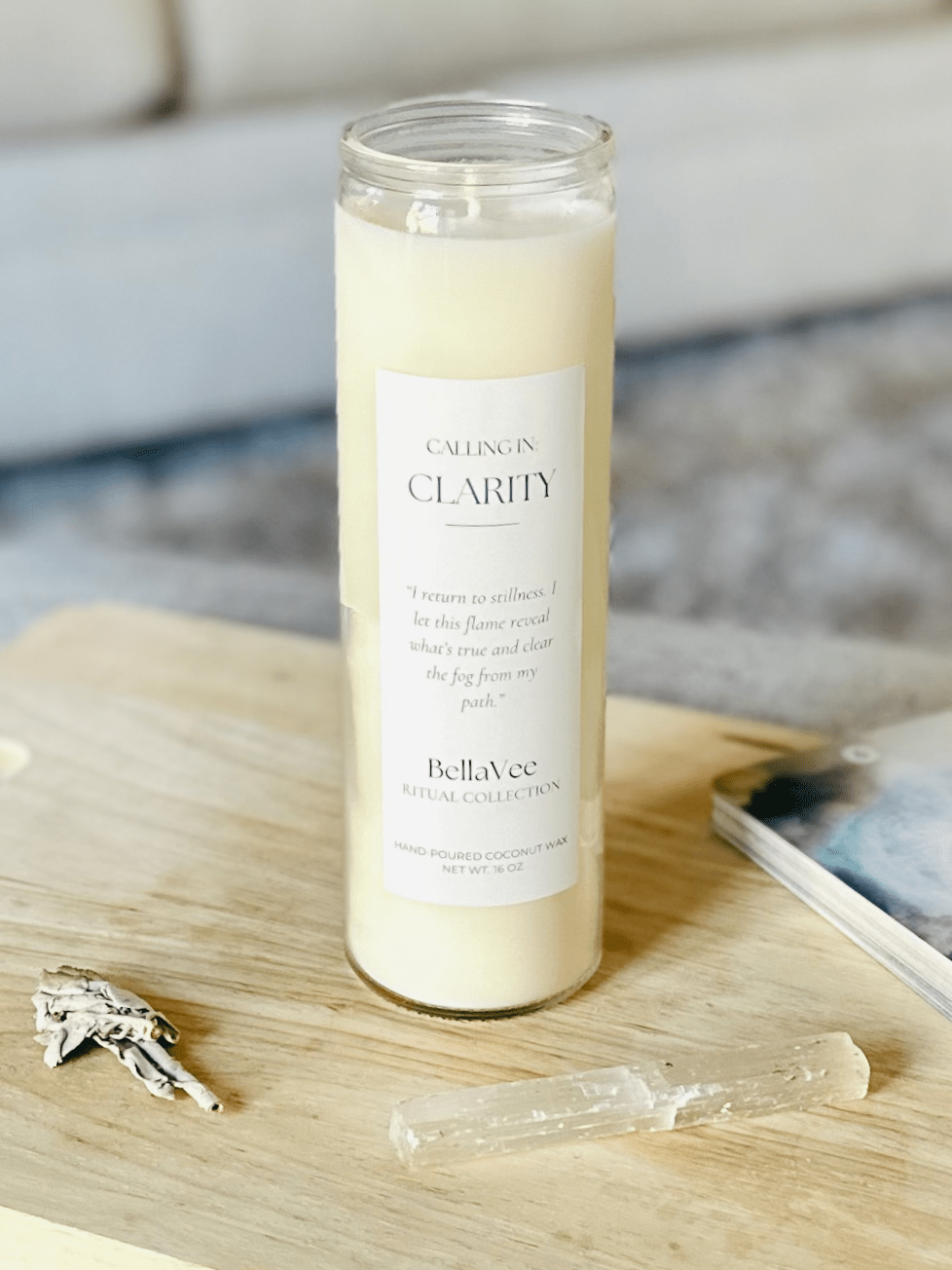 Clarity Ritual Candle by BellaVee — 16 oz unscented coconut wax candle in a clear glass vessel with minimalist label