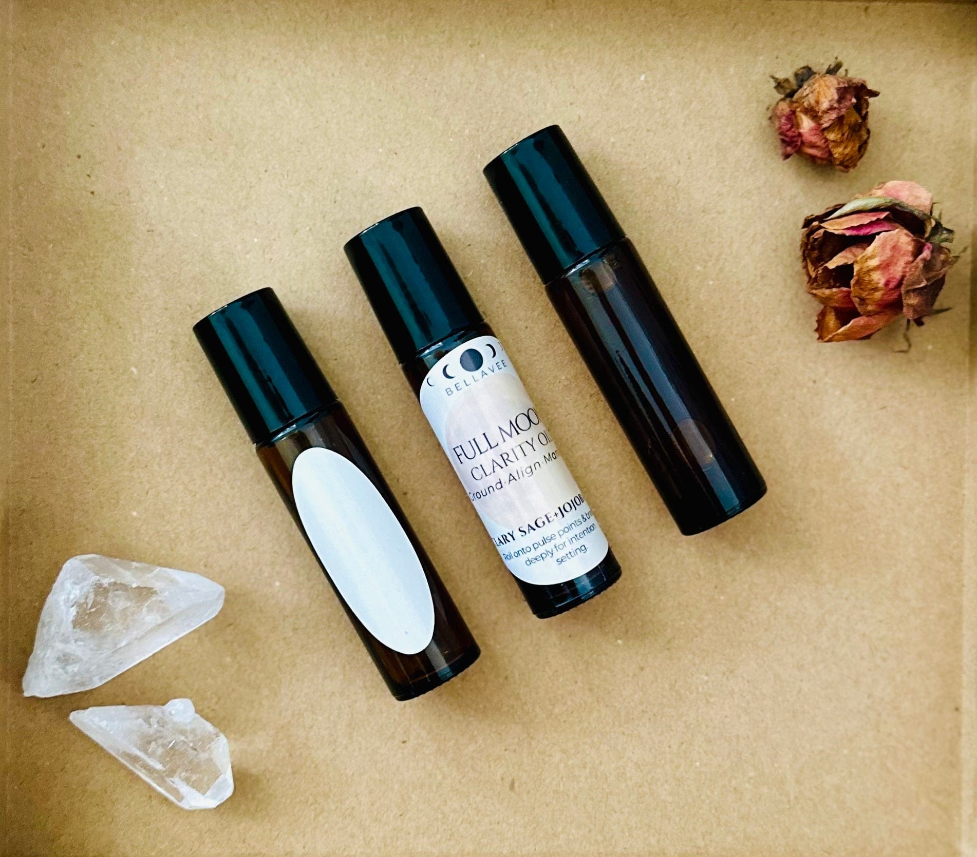 Close-up of Clarity roll-on with clean label and minimalist backdrop