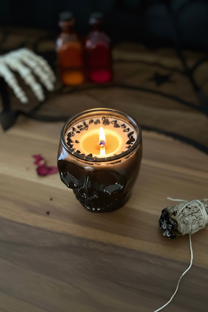 BellaVee Midnight Smoke black skull candle lit obsidian crystal Halloween ritual candle Austin Texas