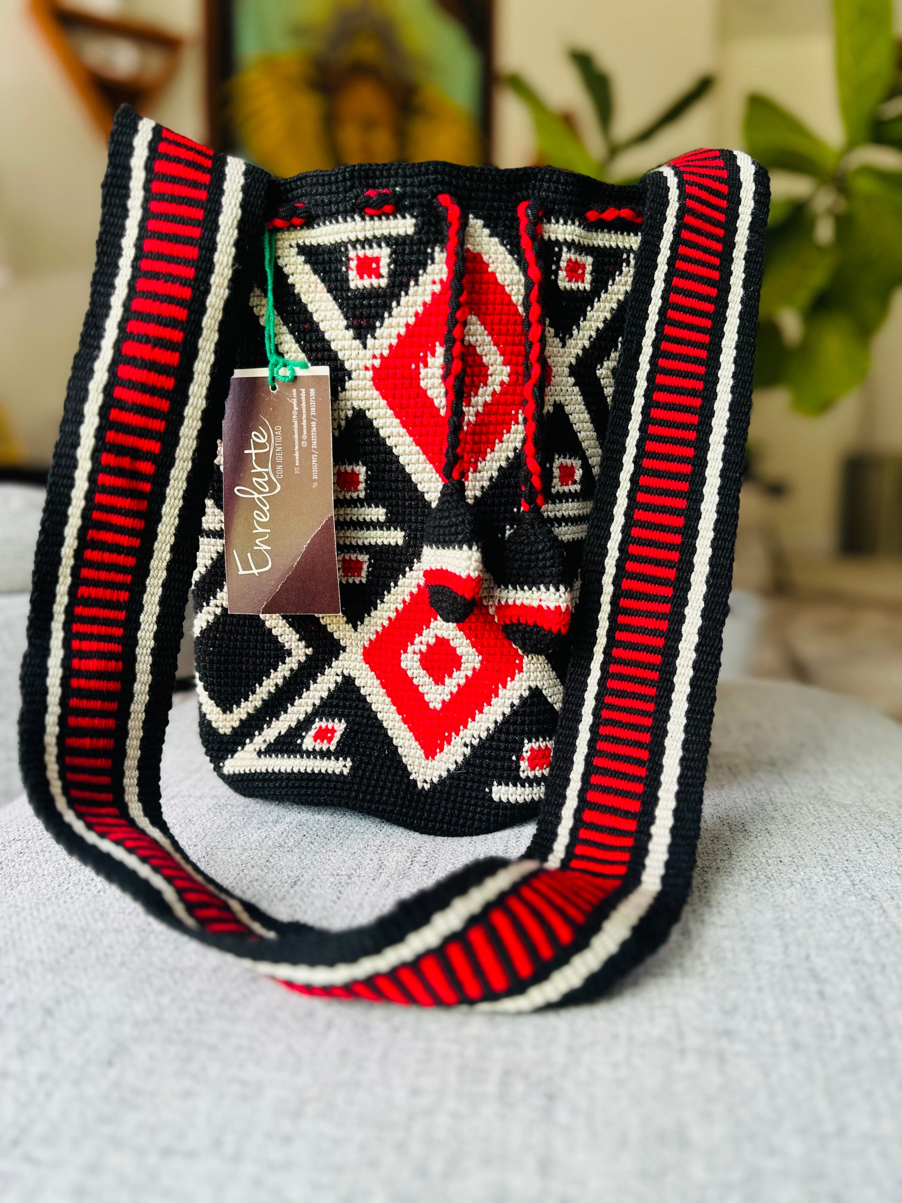Handmade CodeSpa Crossbody Bag in striking red and black, representing indigenous craftsmanship with beautiful cultural symbolism