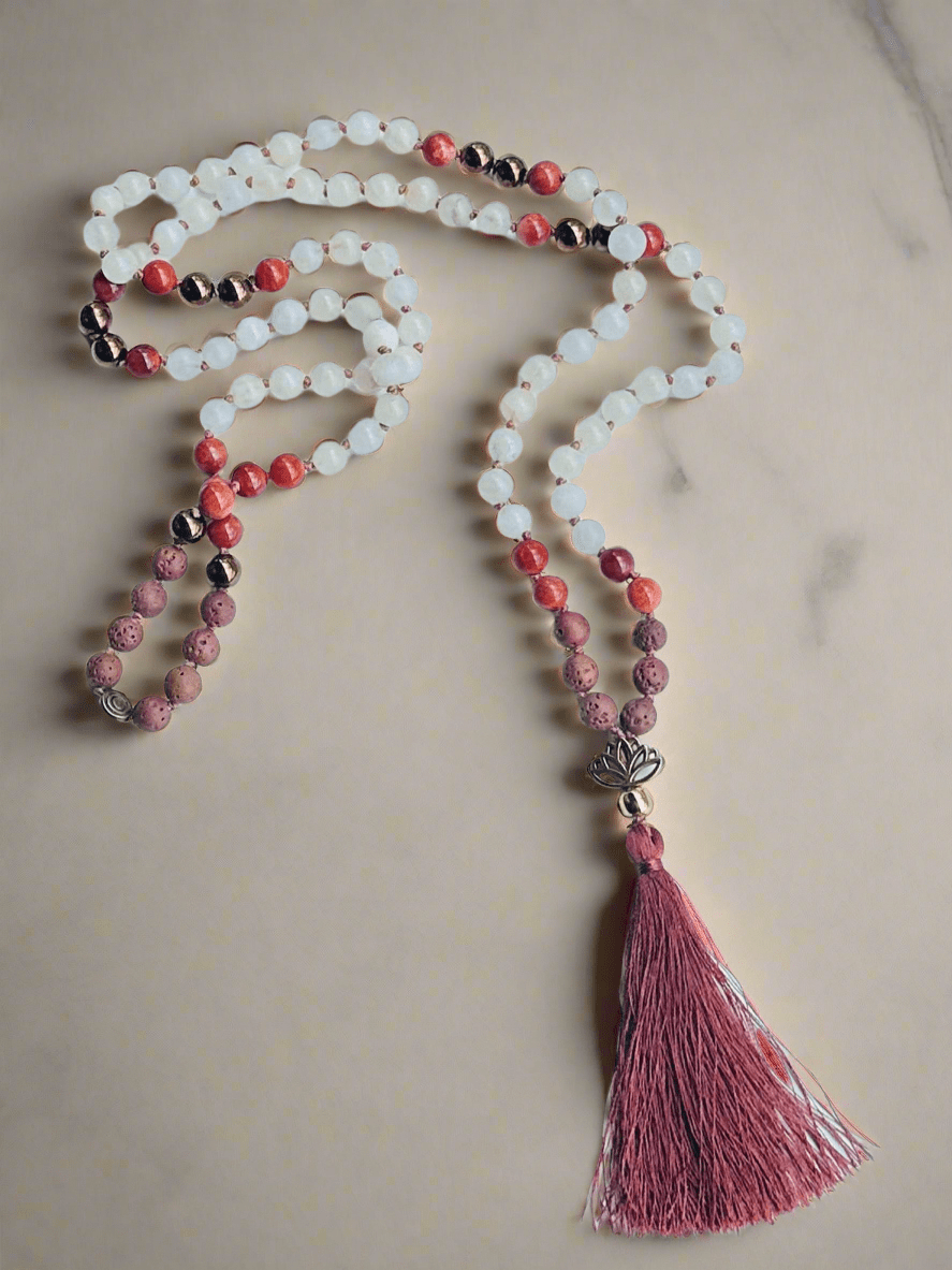 elemental balance crystal mala with lotus charm, designed for serenity, strength, and spiritual growth using nature&