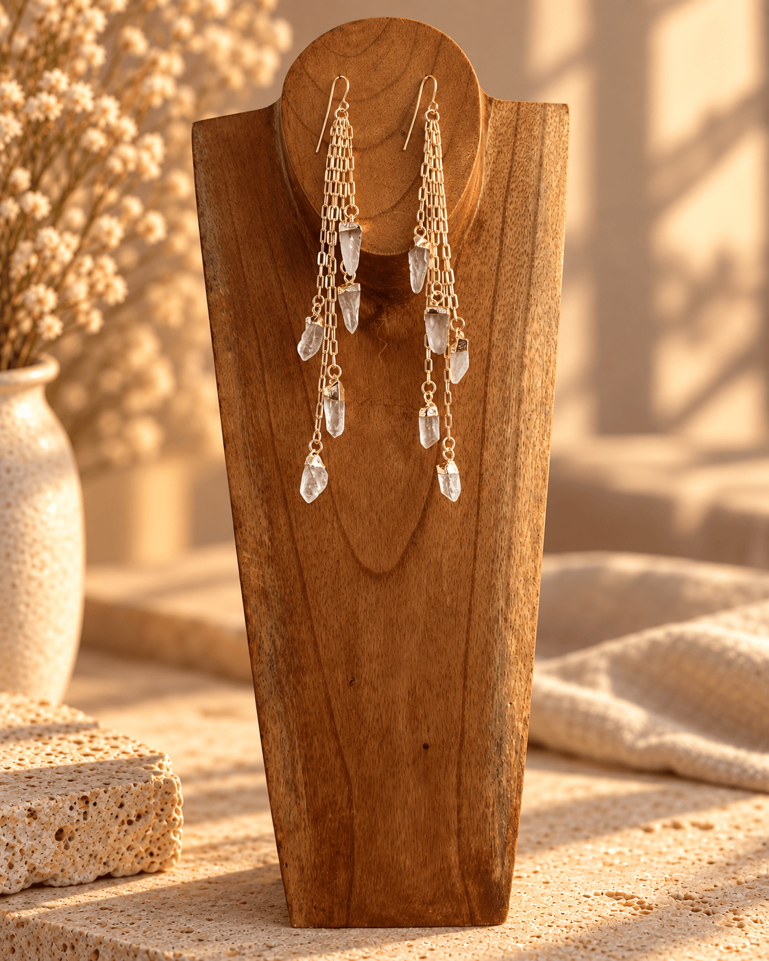 Five-stone Clear Quartz crystal drop earrings with cascading gold chains on wooden form