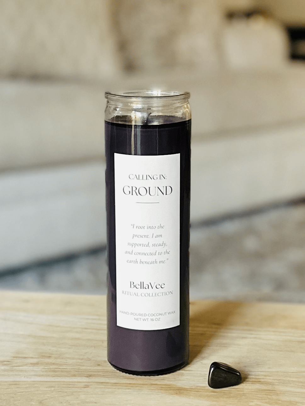 Calling In: Ground Ritual Candle label with grounding affirmation and BellaVee branding