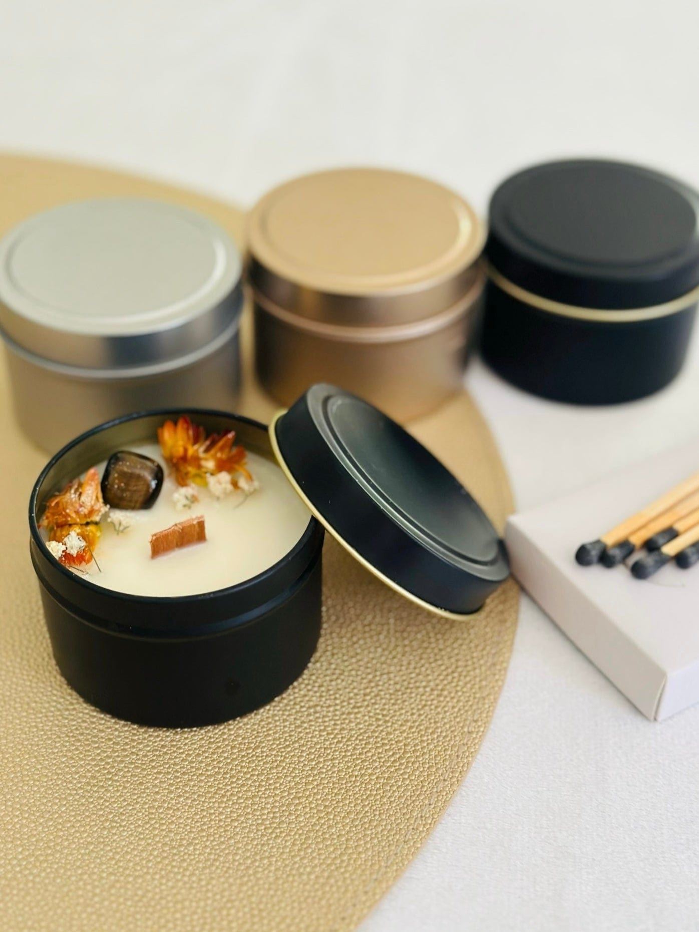 Mini Grounded Crystal Candle with Tigers Eye, wooden wick, and essential oil, offering grounding and a calming honey-tobacco aroma