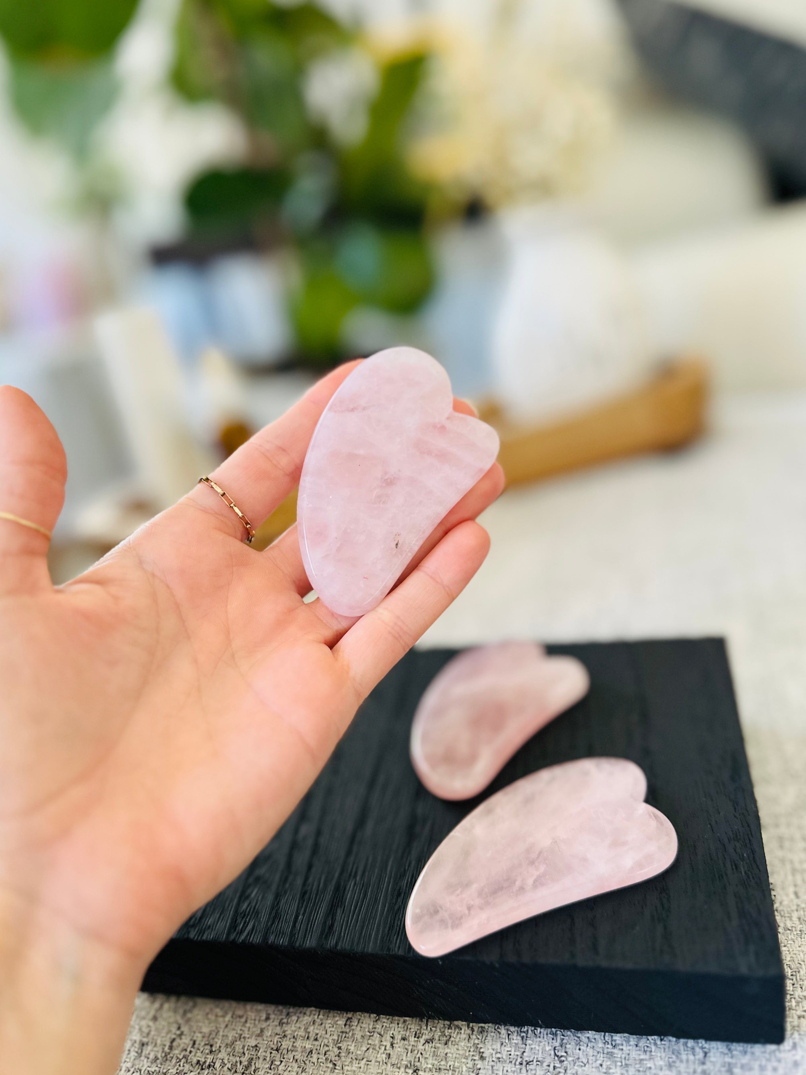 Facial Rose Quartz Gua Sha, perfect for enhancing your beauty ritual with calming energy, reducing puffiness, and boosting circulation