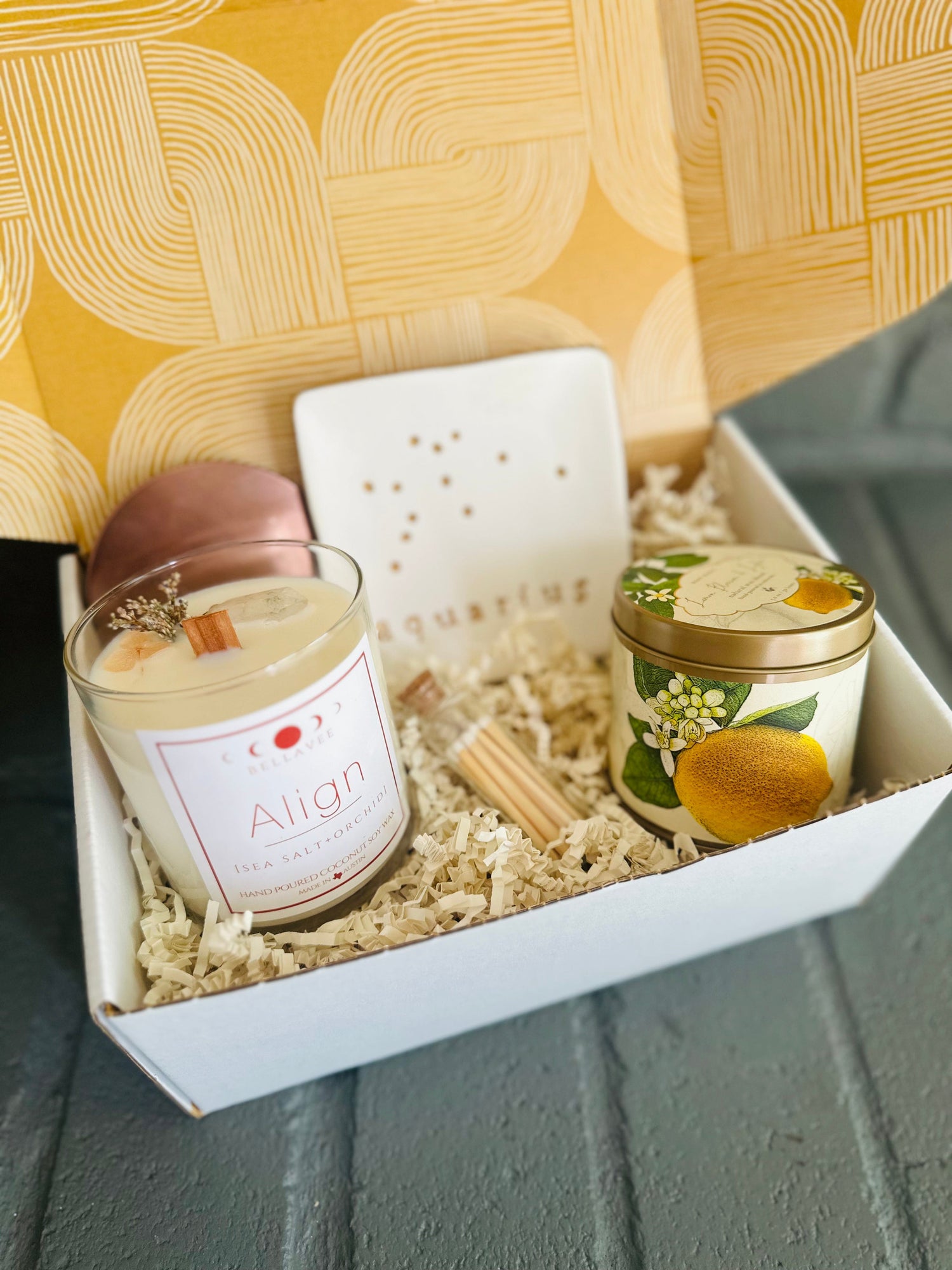 Cosmic Serenity Gift Box: Elevate your self-care with Align Candle, Lemon Blossom Tin, zodiac dish, and matches for positive vibes