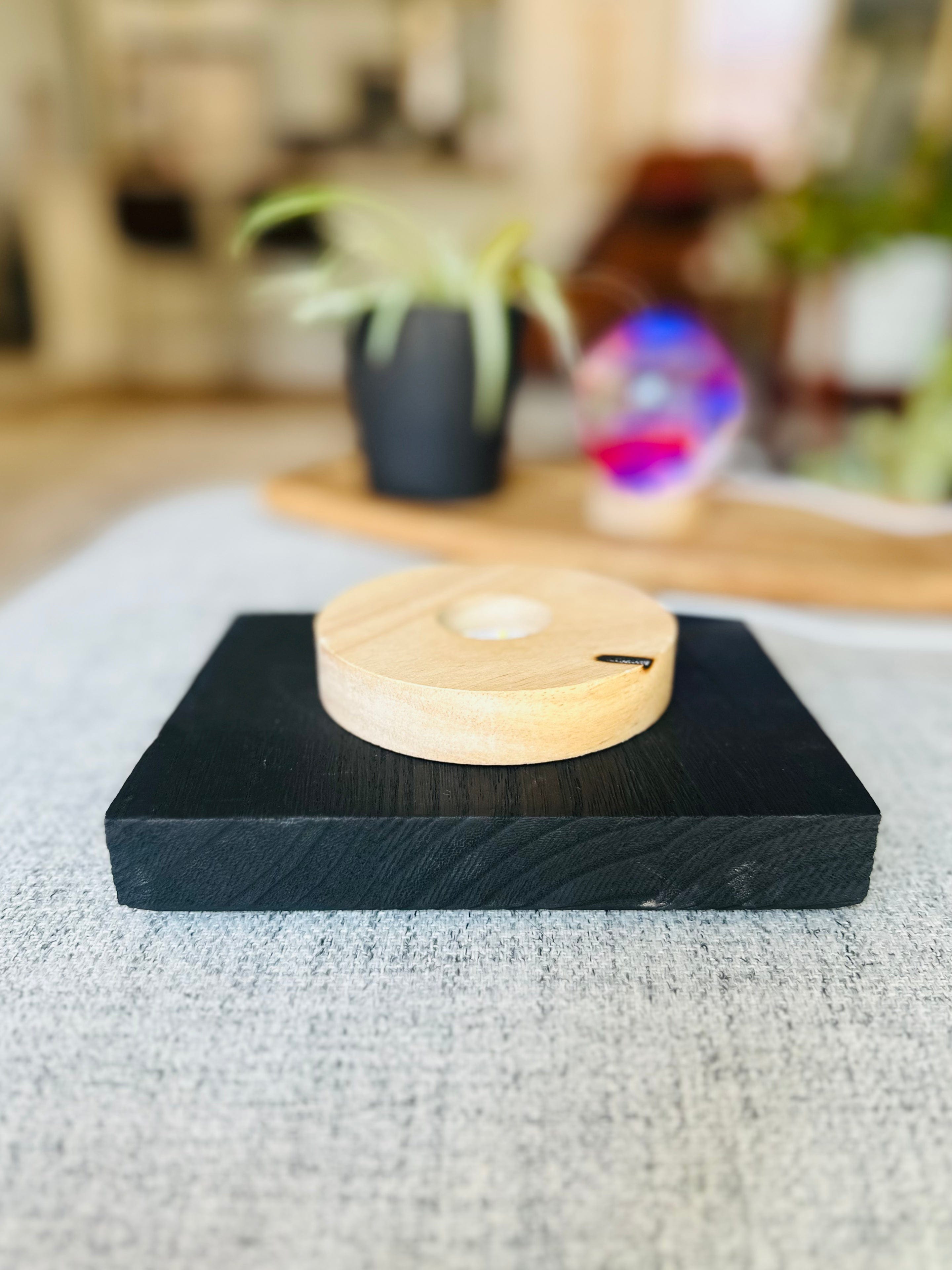 Enhance your crystal display with Wooden Sphere Holders, offering white or multi-color lighting for a calming, dynamic effect
