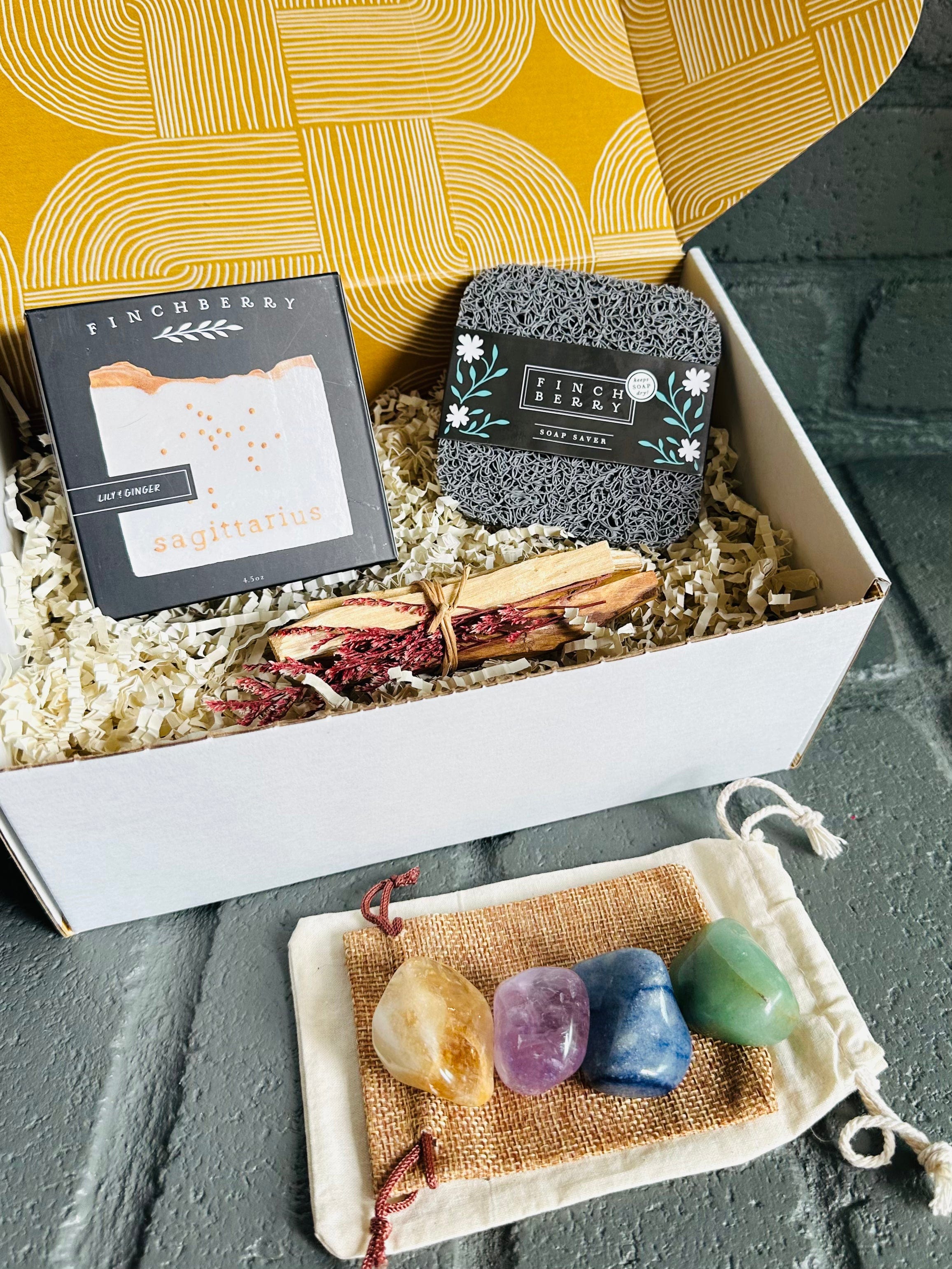 Sagittarius Zodiac gift box with vegan soap, soap saver, Palo Santo bundle and healing crystals