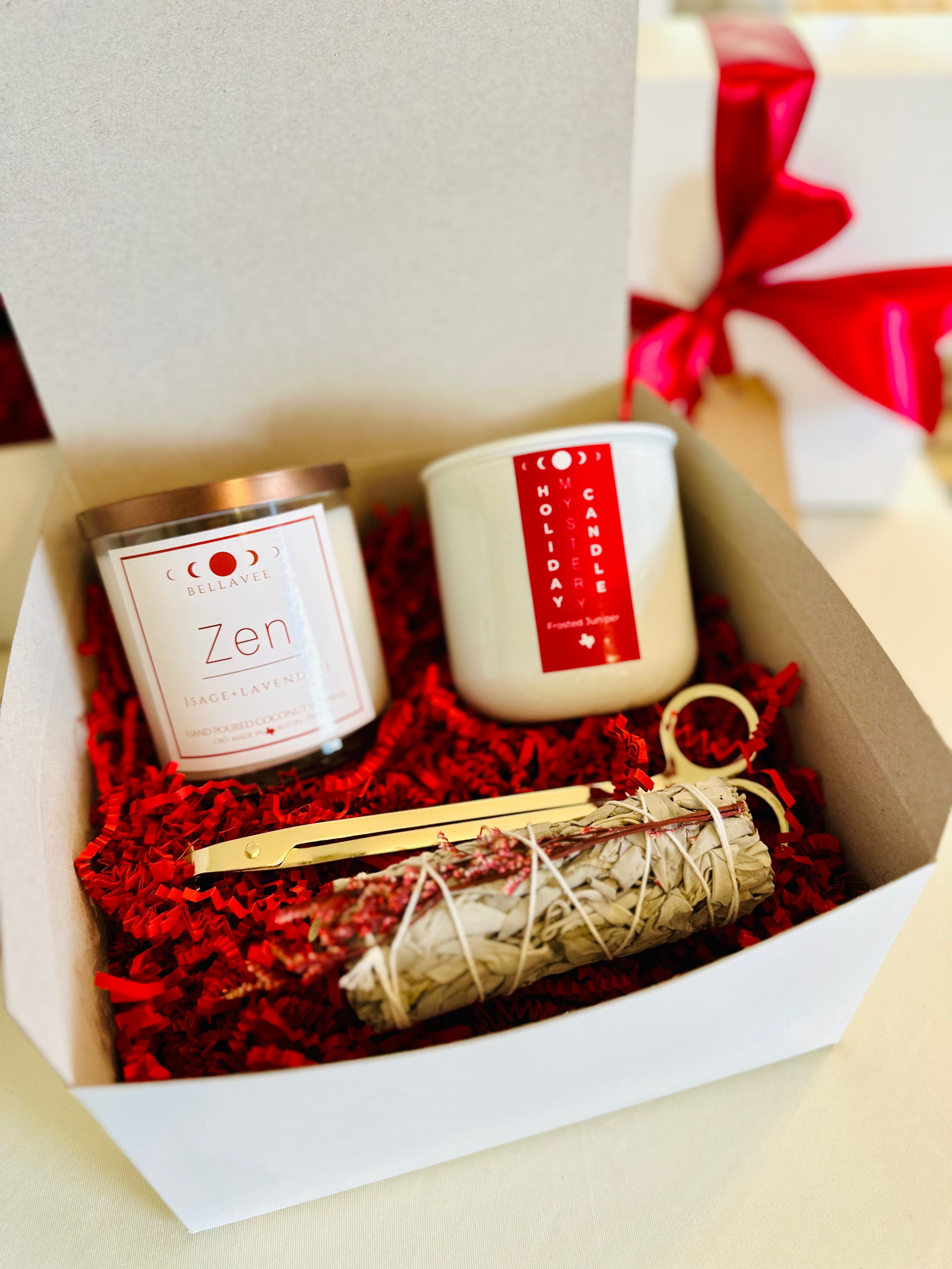 Wellness gift box including Zen or Connect CBD candle, holiday scent candle, sage, and wooden wick trimmer.