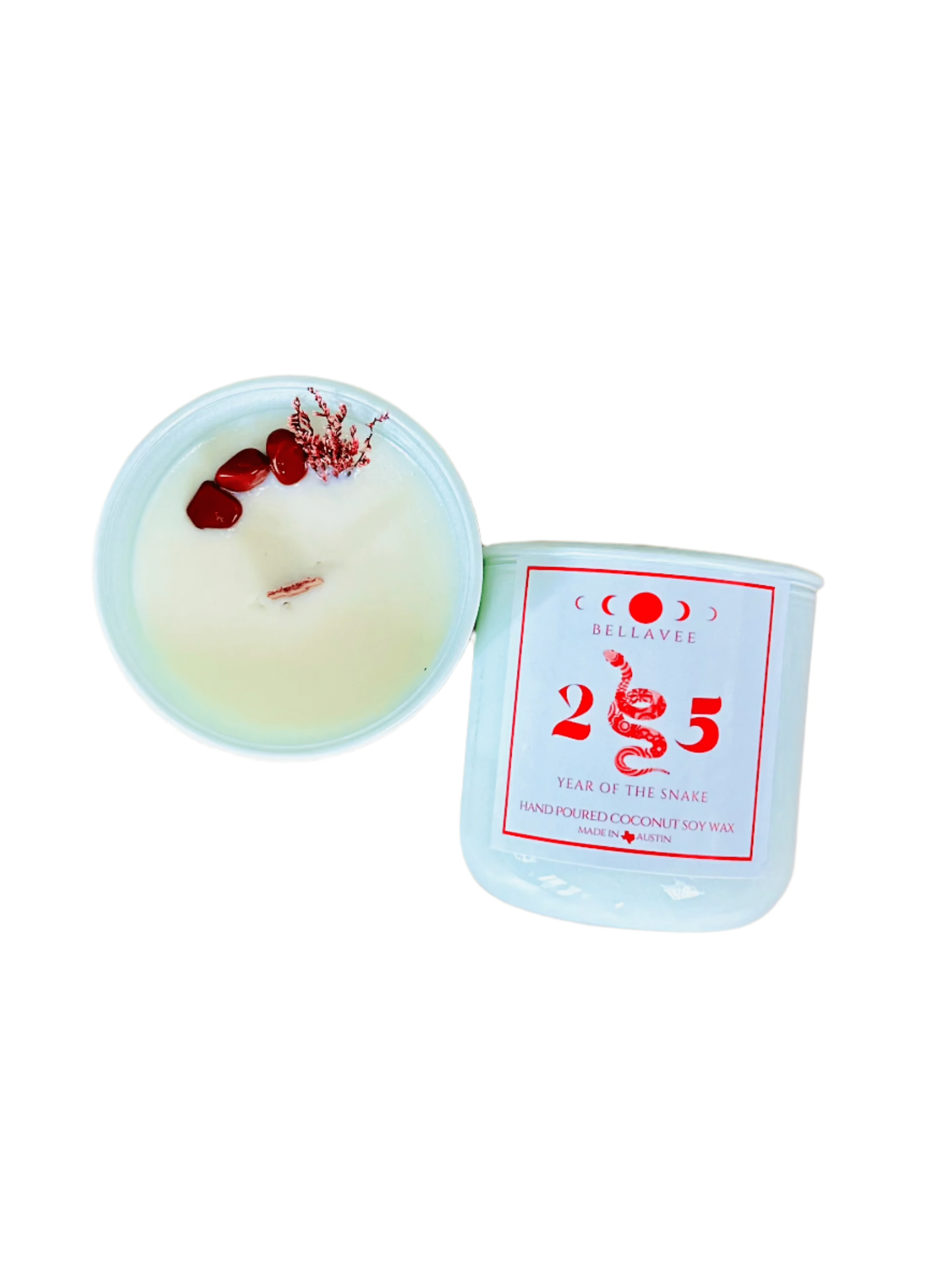 Sustainable Year of the Snake Candle infused with Red Jasper, all-natural coconut wax, and grounding Palo Santo and Sandalwood aroma.