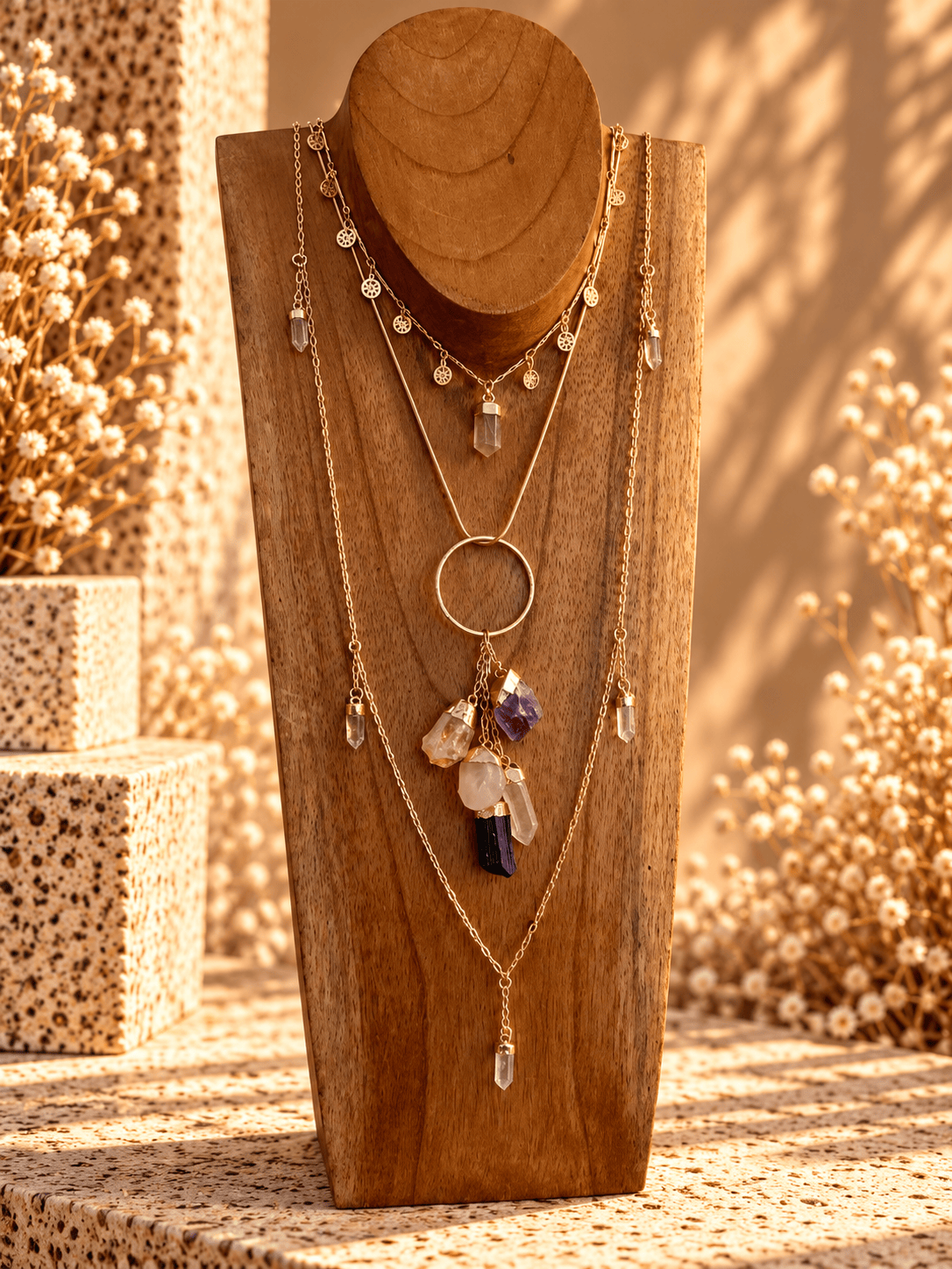 Power of Five crystal drop necklace layered with gold crystal necklaces on wooden jewelry display