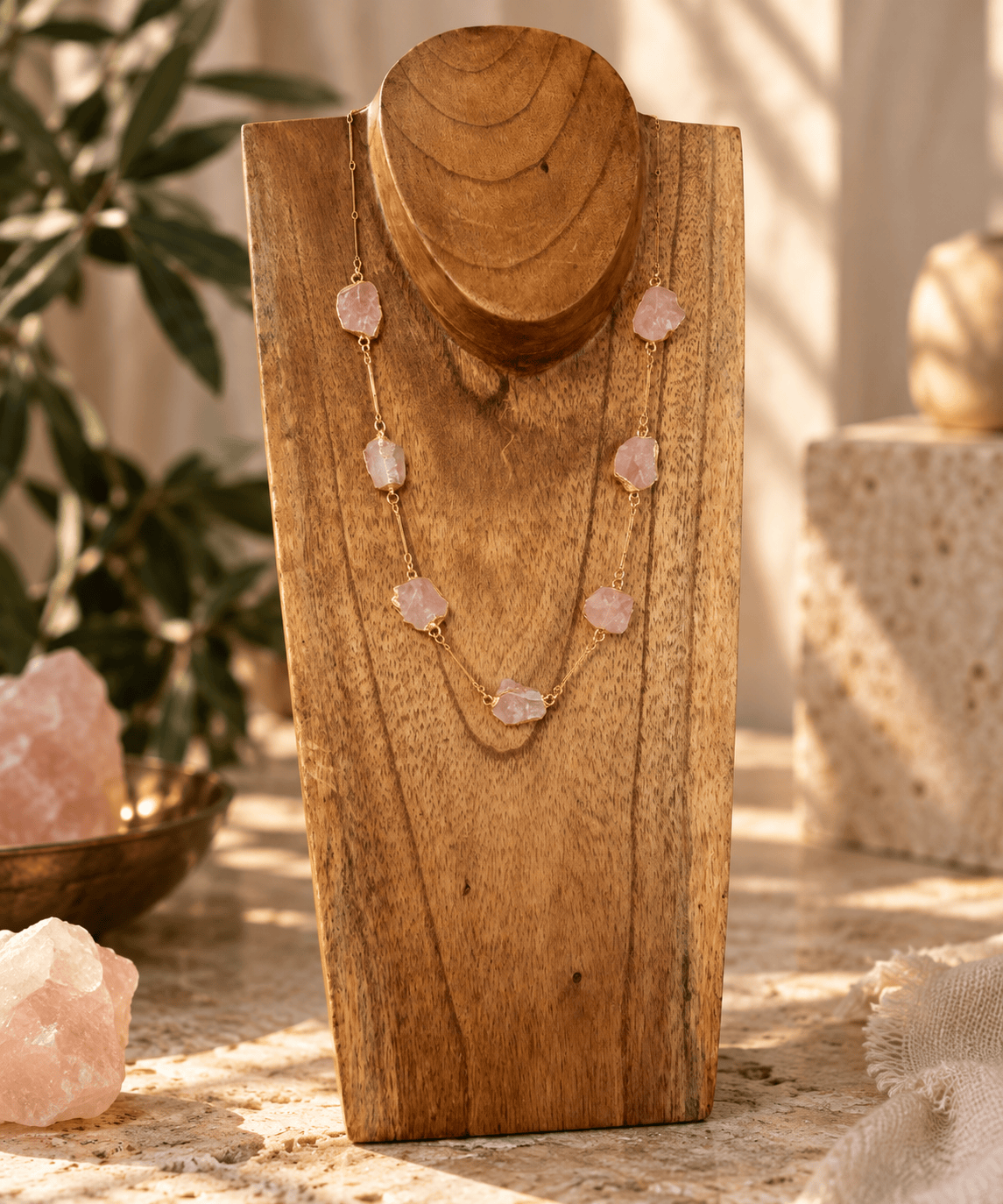 Seven stone Rose Quartz crystal necklace on adjustable gold chain by BellaVee Rituals