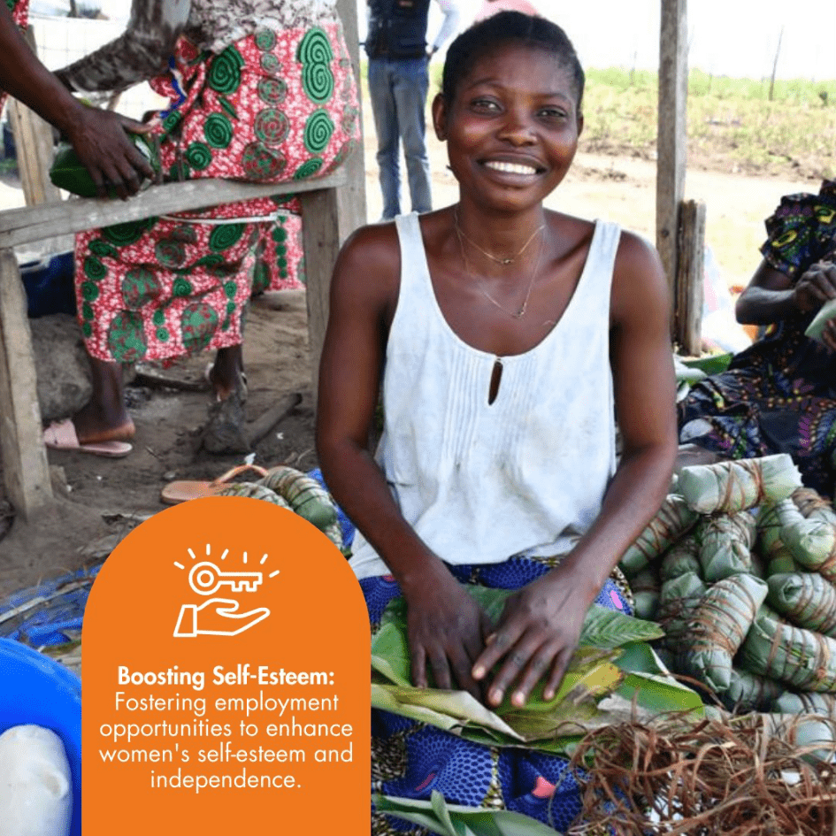 Woman sitting with woven goods, with a focus on self-esteem and employment opportunities.