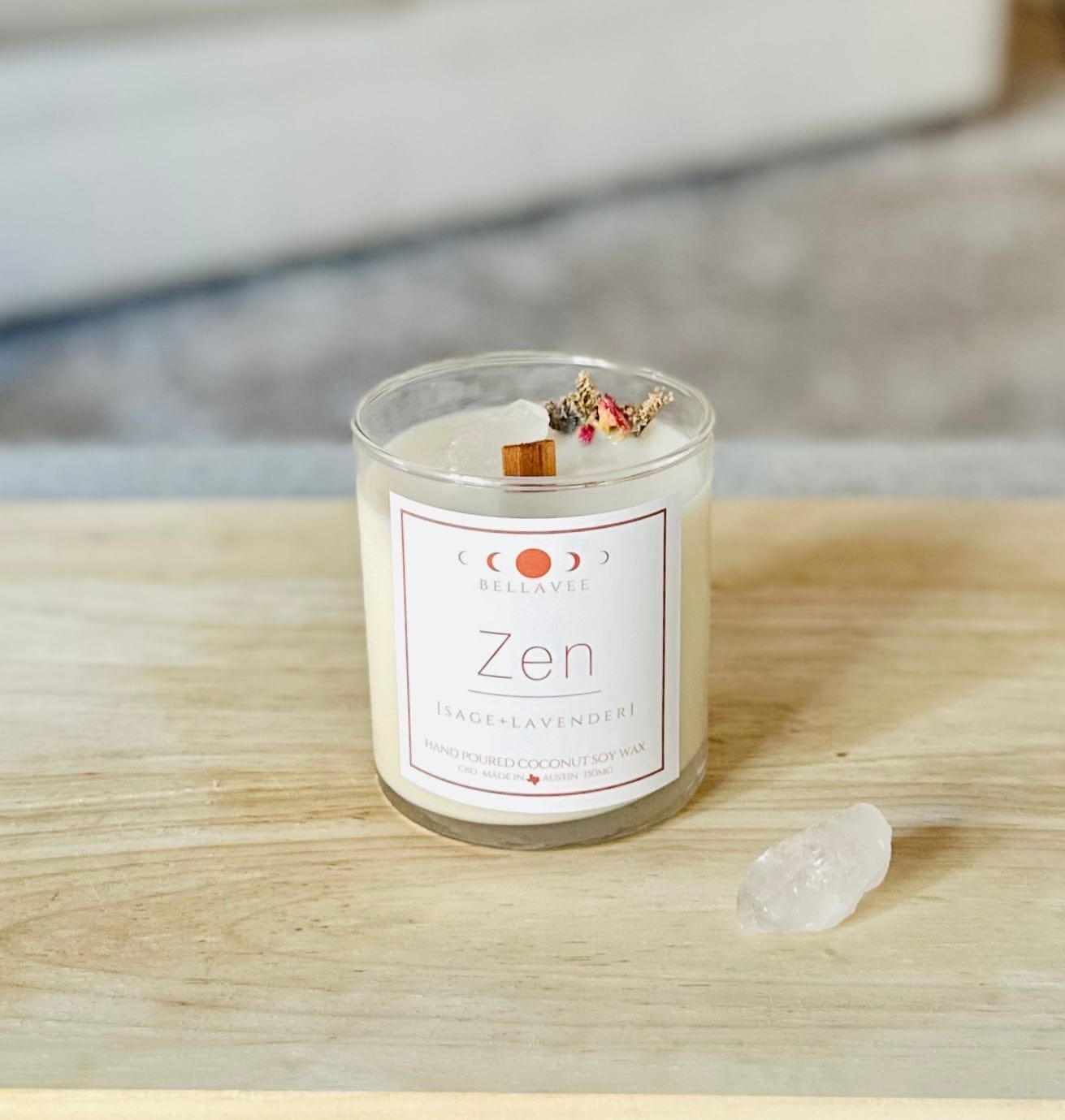 Zen CBD Crystal Candle in a reusable glass jar, styled with wooden stand and crystals, highlighting its clean aesthetic and holistic wellness purpose.