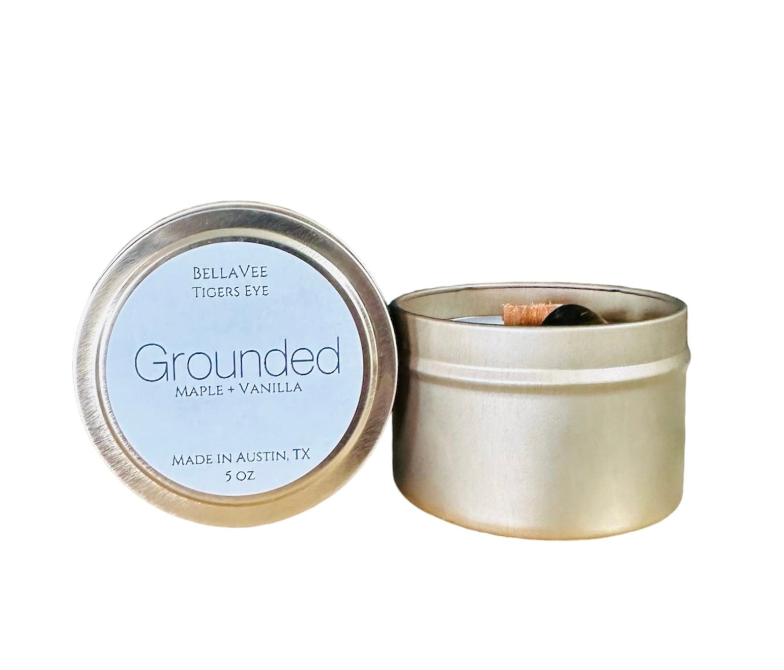 Mini Grounded Candle featuring Tigers Eye and essential oils, perfect for grounding with a soothing honey-tobacco tonka scent