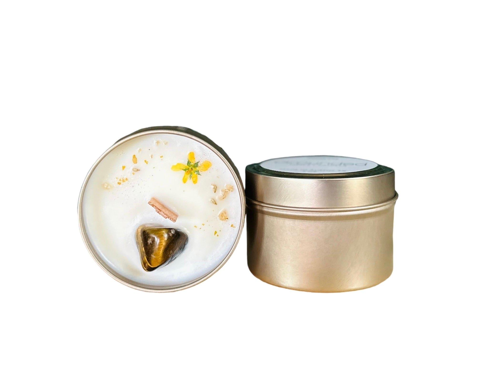 Mini Grounded Crystal Candle with Tigers Eye, dried flowers, and wooden wick, offering a cozy and grounding aroma of honey and tobacco