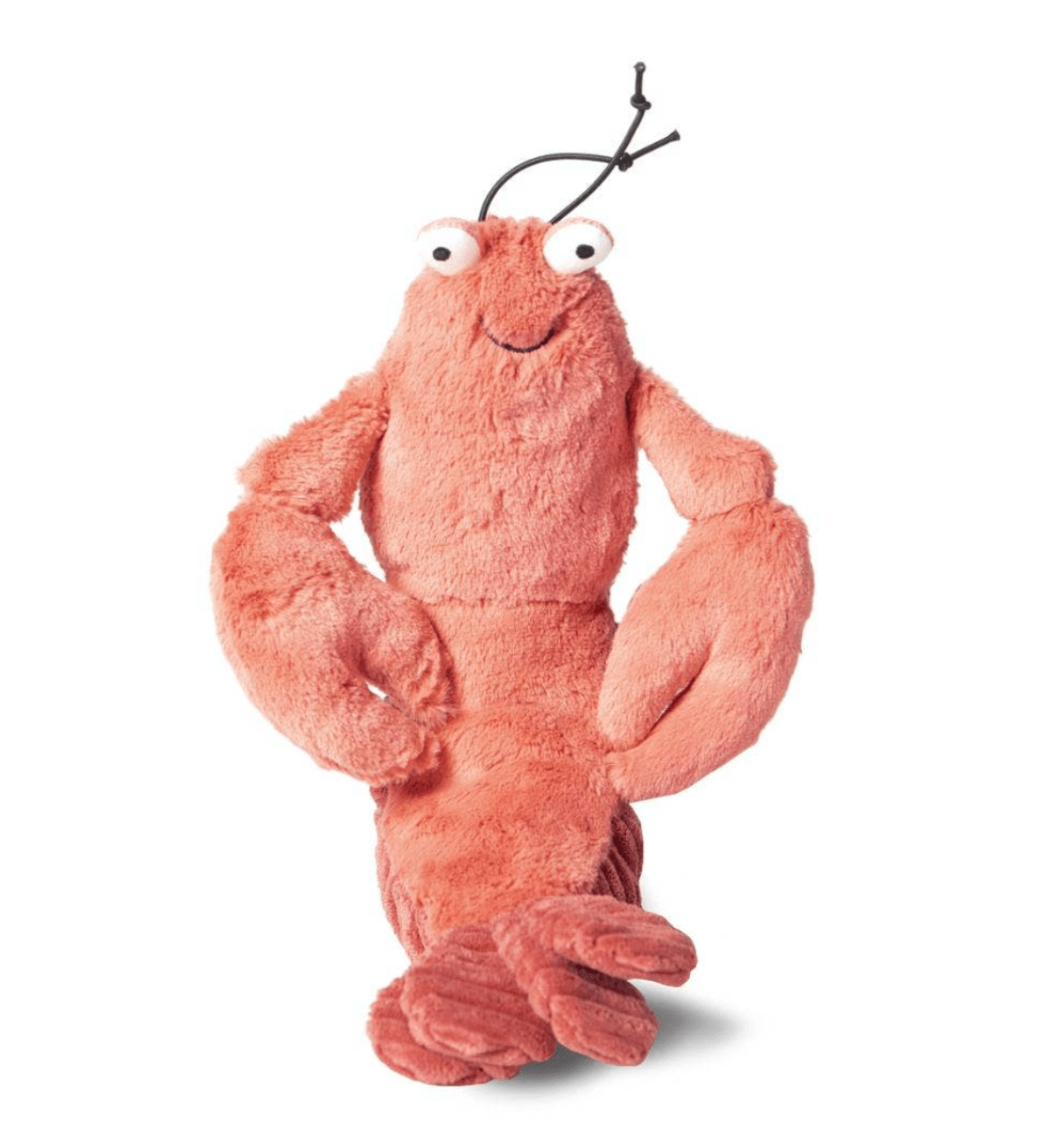 Lewie the Lobster dog toy with stretchy elastic antennae, squeaker, and durable texture, perfect for keeping your pup entertained and happy