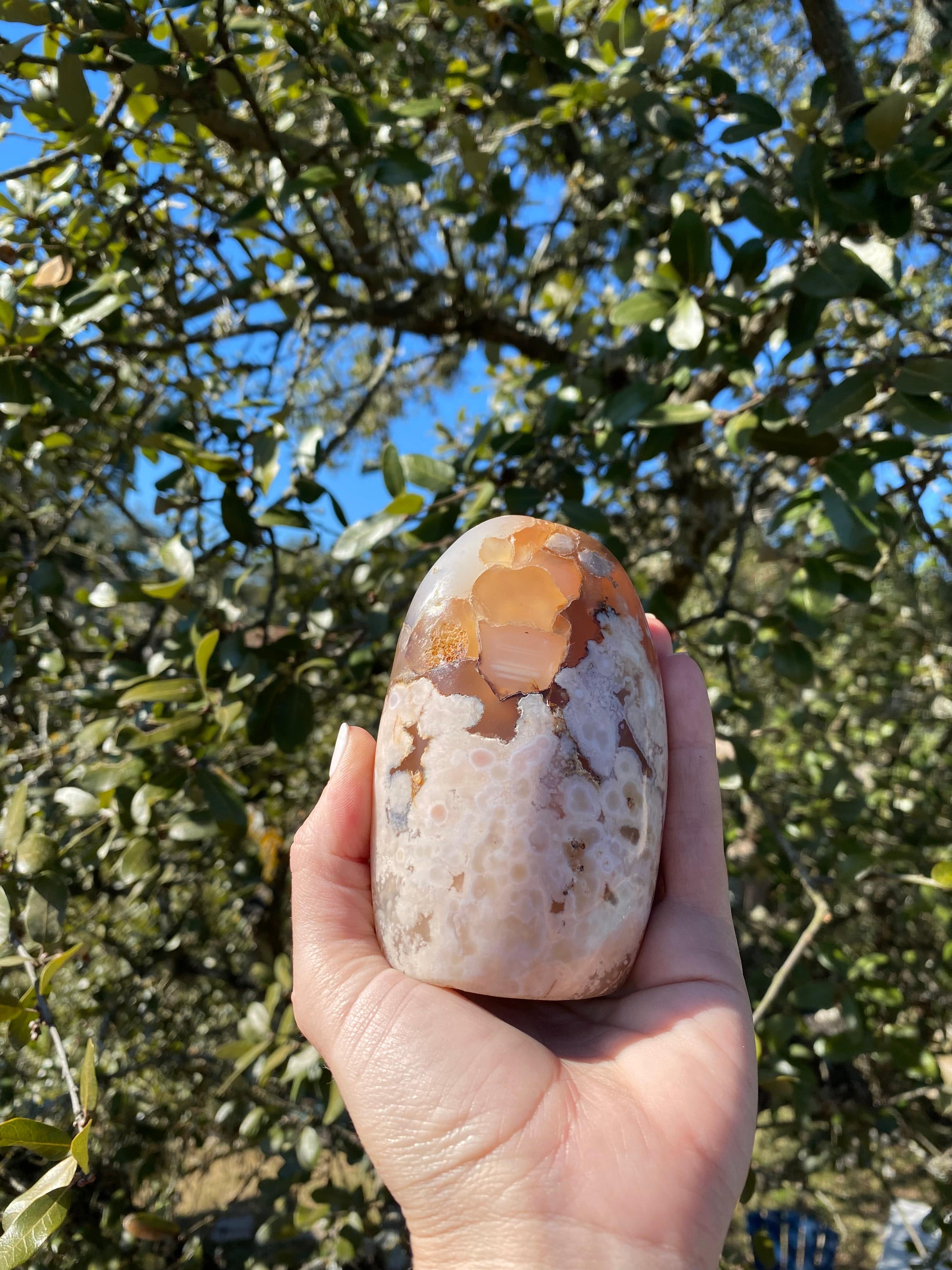 flower agate crystal, stone of personal growth and manifesting potential, featuring floral formations of opaque chalcedony inclusions