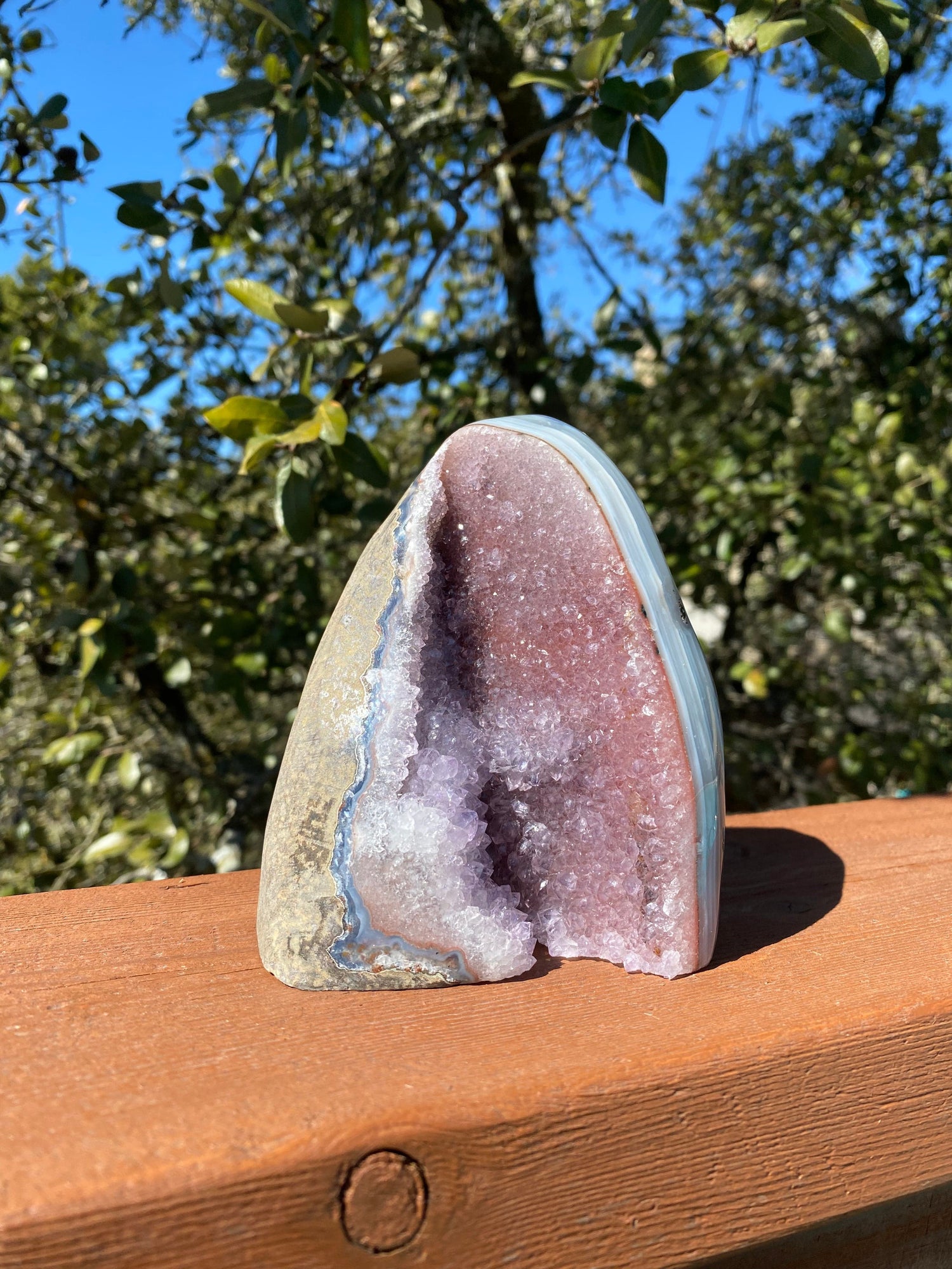 Under the sun, the Lavender Amethyst Geode glistens with vibrant purple crystals and stunning blue-white Brazilian Agate bands