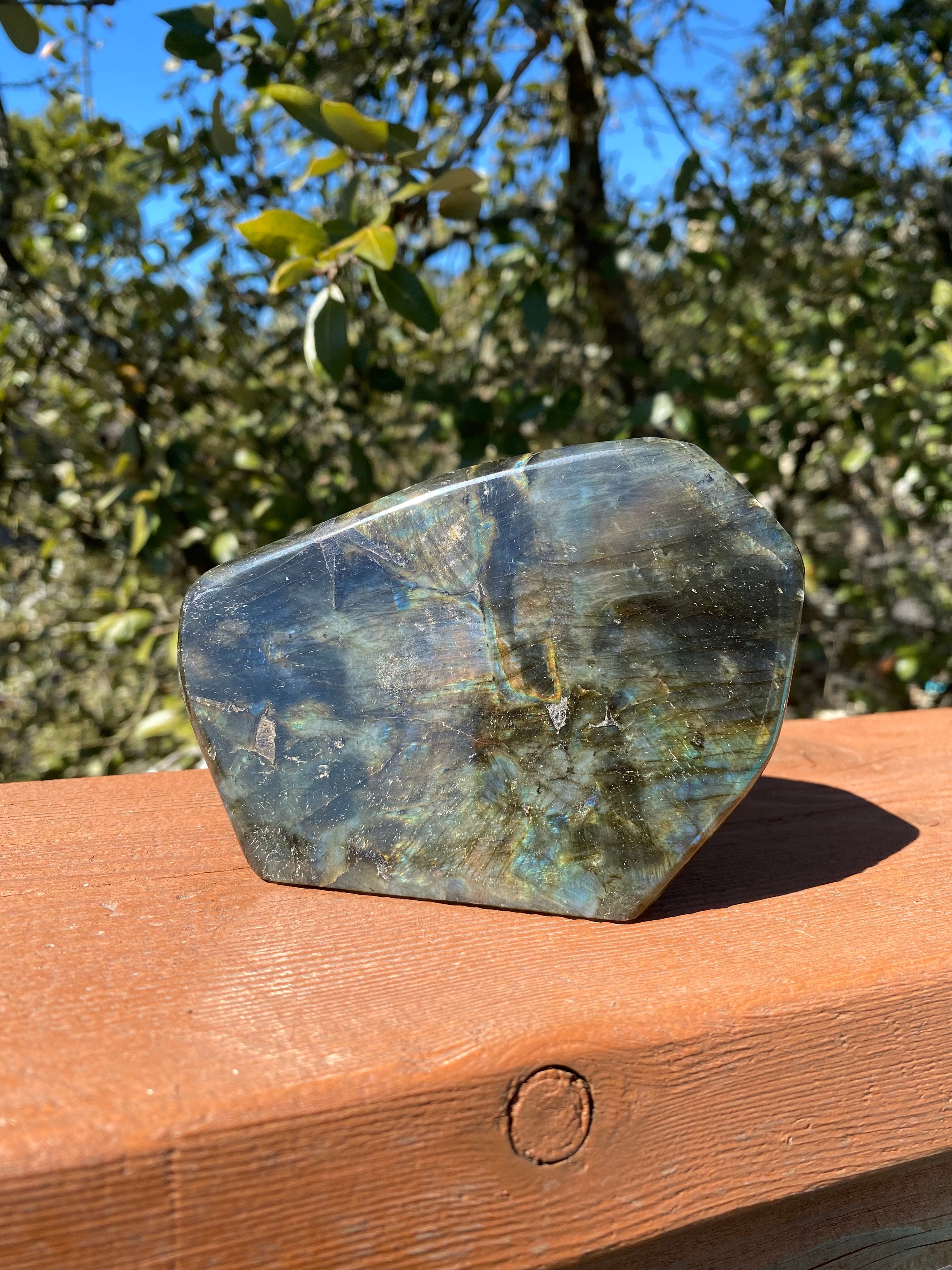 Rainbow Labradorite Freeform with vibrant blues, yellows, and reds, polished and natural, perfect for transformation and strength