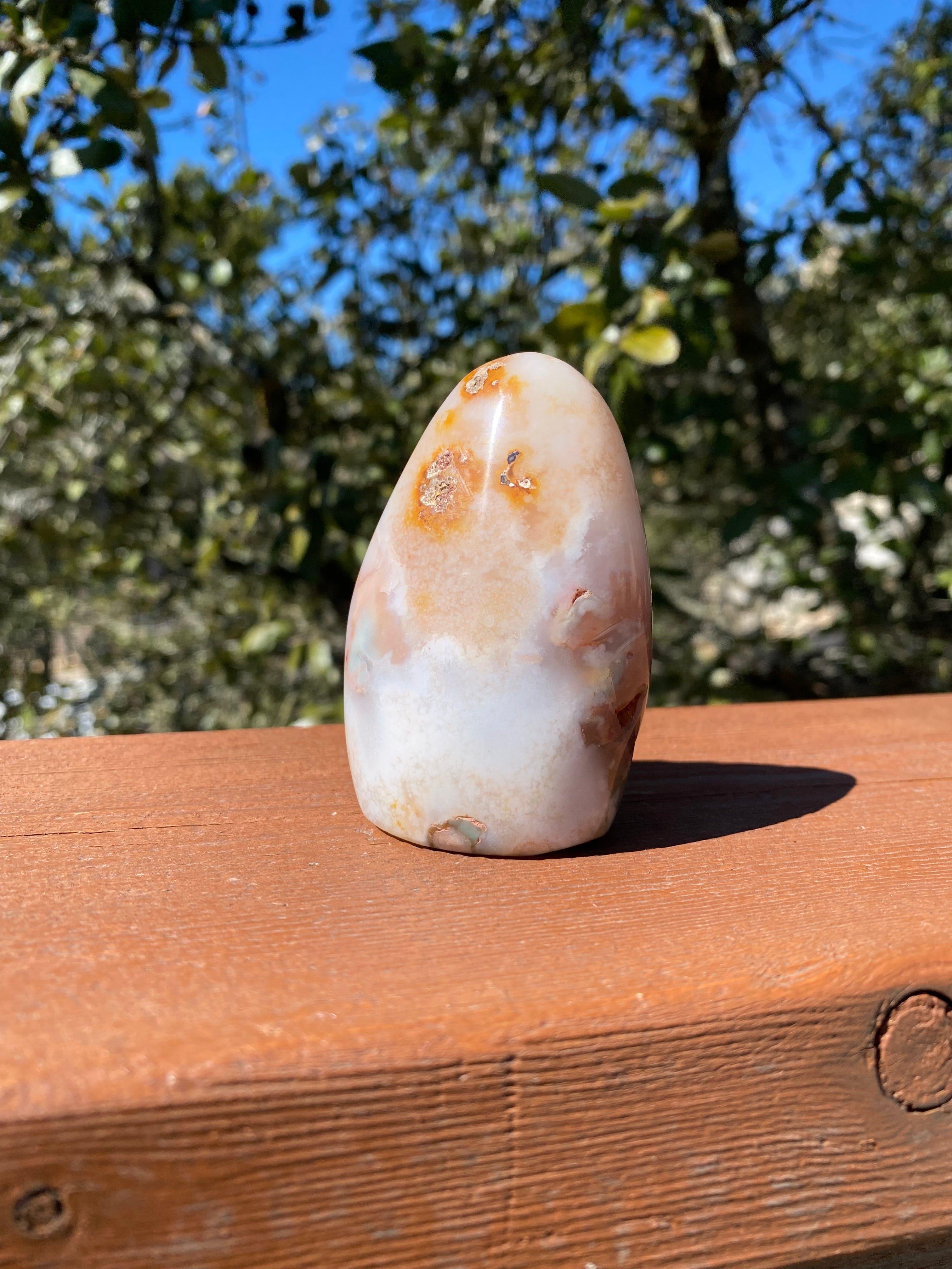 Flower Agate Freeform with a microcrystalline geode cavity, known for encouraging growth, overcoming fear, and fostering balance