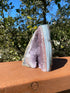 Lavender Amethyst Geode with sparkling purple crystals, surrounded by light blue and white Brazilian Agate, featuring a natural back