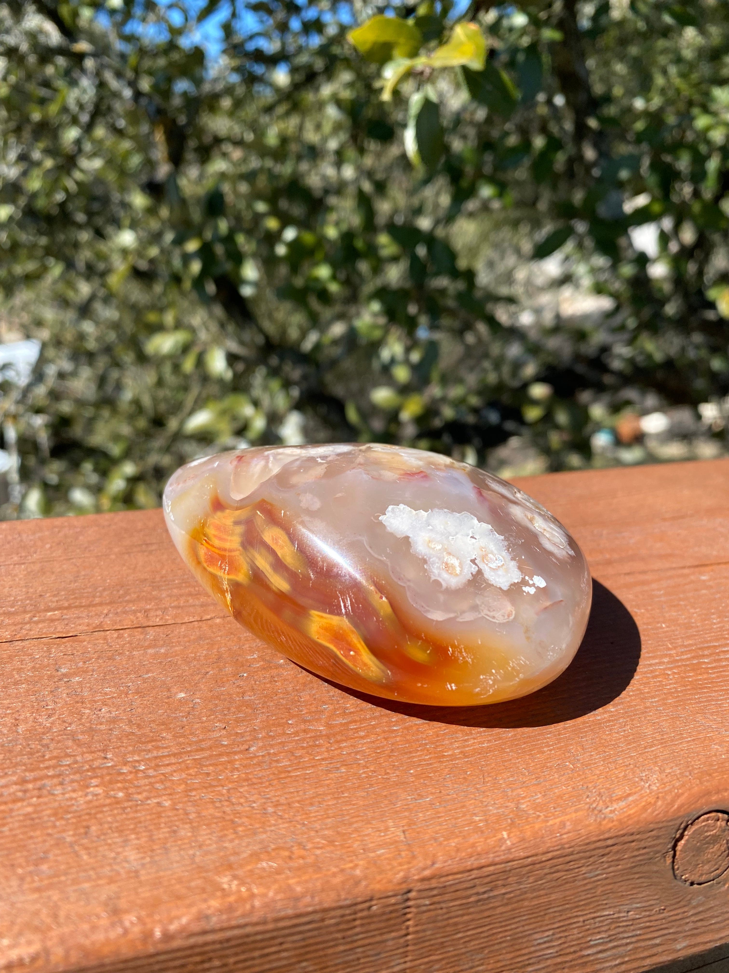Flower Agate Freeform sparkles under sunlight, showcasing its microcrystalline geode cavity and stunning floral patterns