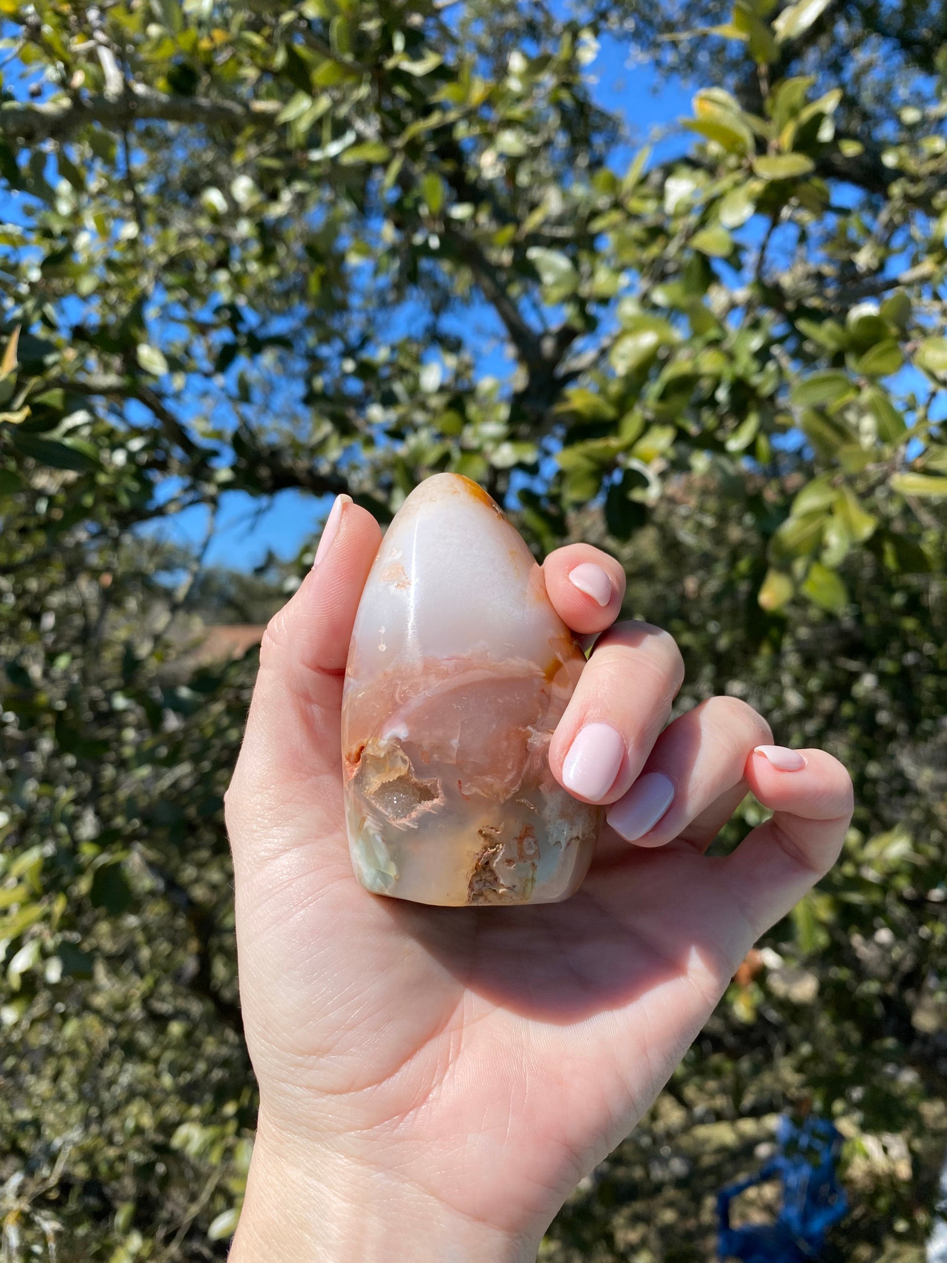 Flower Agate Freeform with floral Chalcedony inclusions and microcrystalline geode, perfect for manifesting growth and balance
