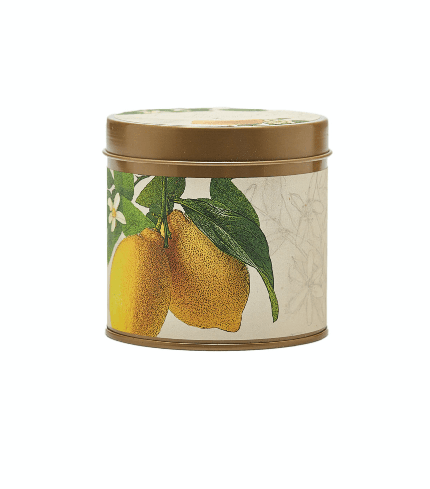 Lemon Blossom + Lychee Signature Tin, hand-poured coconut wax with cotton wick, featuring zesty lemon, lychee, and dewy rose petal notes